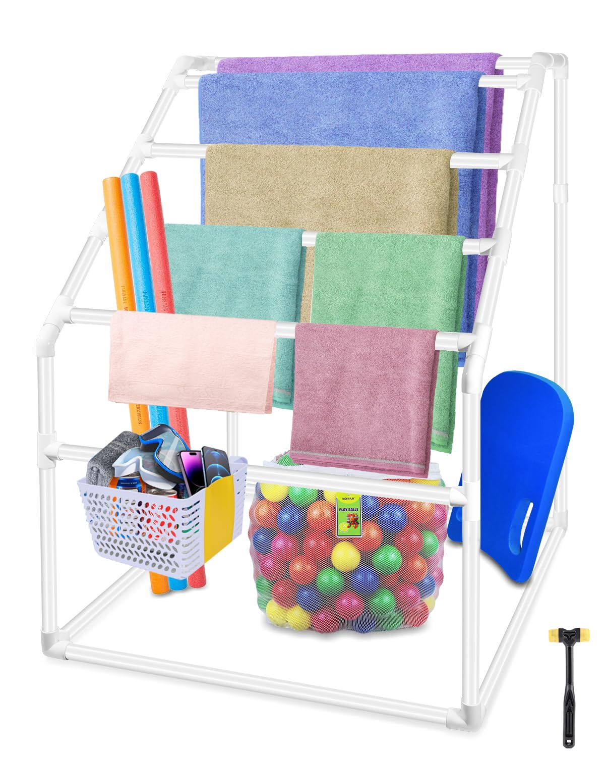 Heavy Duty 7-Tier Freestanding Outdoor Towel Rack - Sturdy Poolside & Bathroom Organizer with Installation Hammer | Perfect for Beaches, Swimming Pools, Patios & Spa Areas