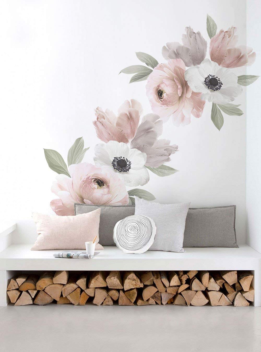 Floral Wall Decal - Spring Pink and Green Peel and Stick Wall Stickers for Home Decor, Nursery, Bedroom, Living Room, Office
