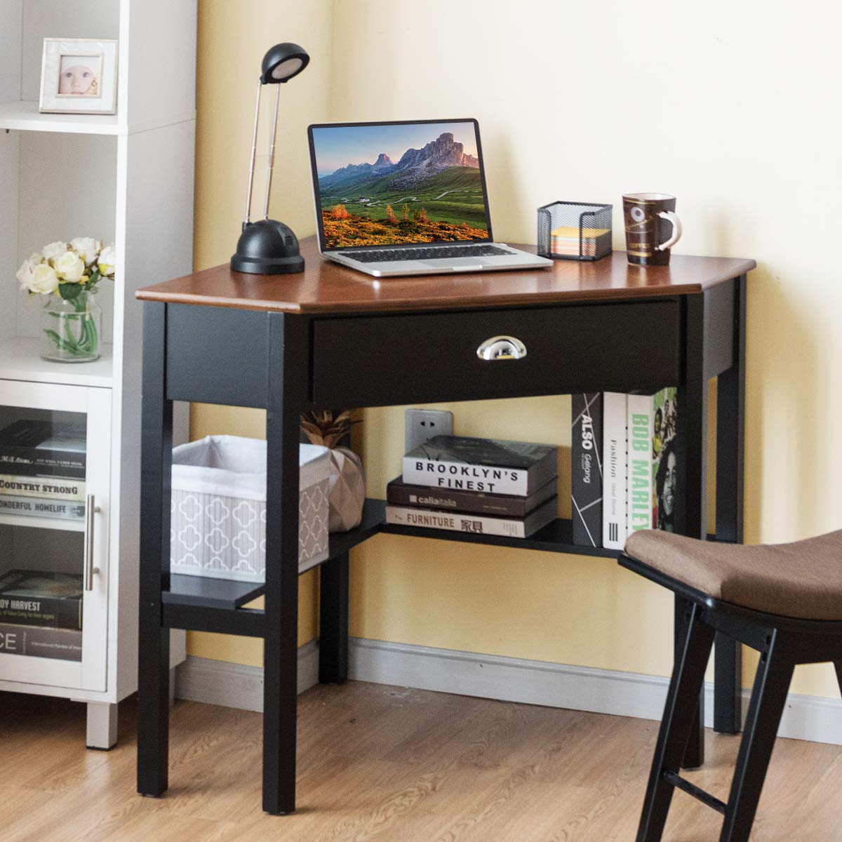 Tangkula 90-Degree Corner Desk with Drawer & Storage Shelves - Compact Computer Desk for Small Spaces, Home Office & Makeup Vanity (Coffee & Black) - Perfect for Apartments, Dorms & Workspaces