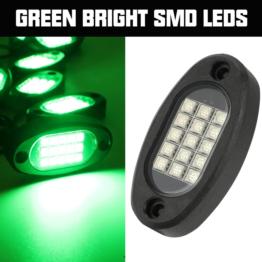 Winunite 8 Pods Quick Connect Green Rock Lights - 4M Extension Wires Each, 15 SMD Chips, High Adhesive Stickers, IP67 Waterproof - Off-Road Lighting for Trucks, Trailers, SUVs, ATVs, UTVs & Boats - Perfect for Night Driving, Camping & Outdoor Adventures