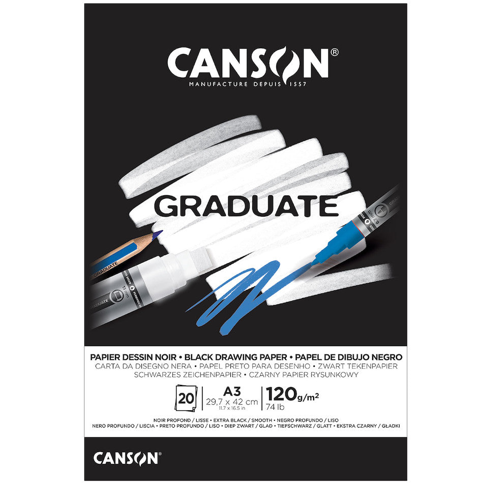 Canson Graduate Black Paper Pad A3 - Premium Sketchbook for Artists, Drawing & Calligraphy - Ideal for Charcoal, Pastel & Ink Art Projects
