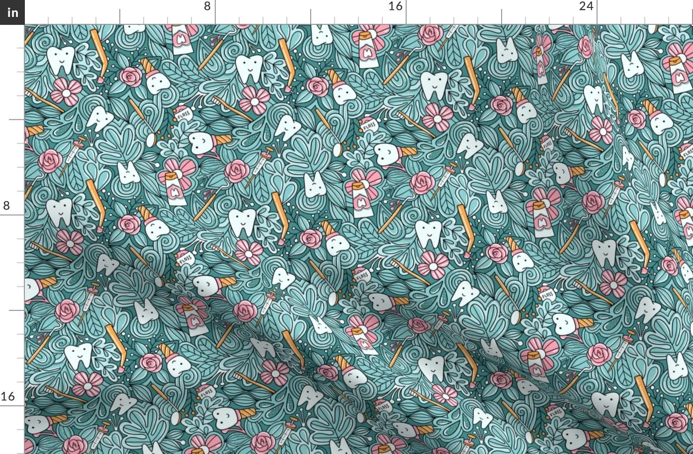 Dentist Teeth Doodles Cute Tooth Print Denim Fabric by The Yard - Bottomweight Cotton Material for Apparel, Home Decor & Upholstery - Perfect for DIY Scrubs, Curtains & Craft Projects