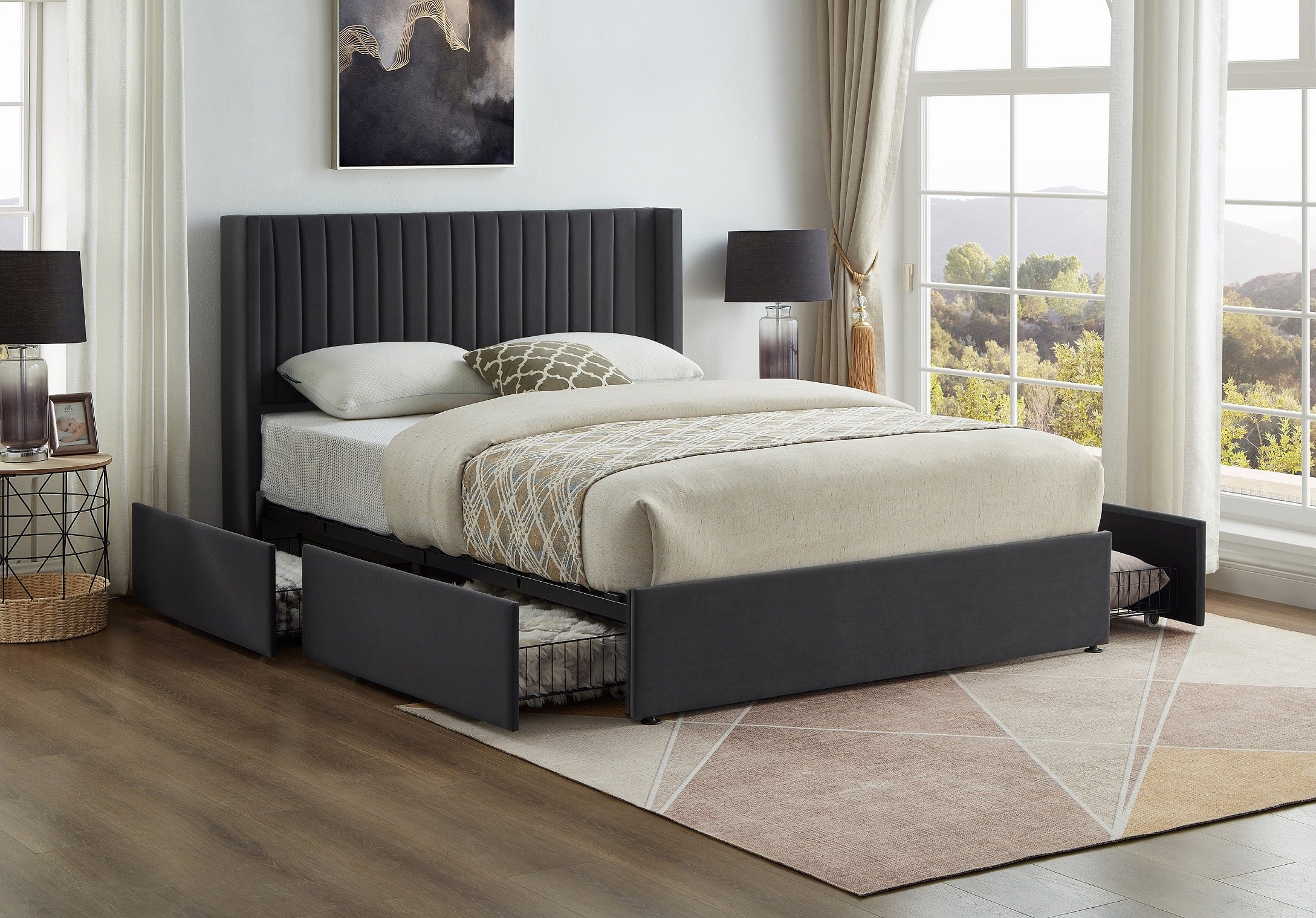 Grey Velvet Storage Bed with 4 Drawers - Double or Queen Size - Model #5408 | Modern Bedroom Furniture for Small Space Organization