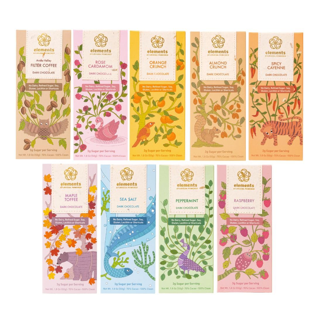 Elements Truffles Complete Collection - 9 Ayurvedic Chocolate Bars Variety Pack | Dairy-Free, Paleo, Gluten-Free, Non-GMO, Raw & Organic | Heavy Metal Tested | Healthy Dark Chocolate Gift Set for Holidays, Birthdays & Wellness Gifting