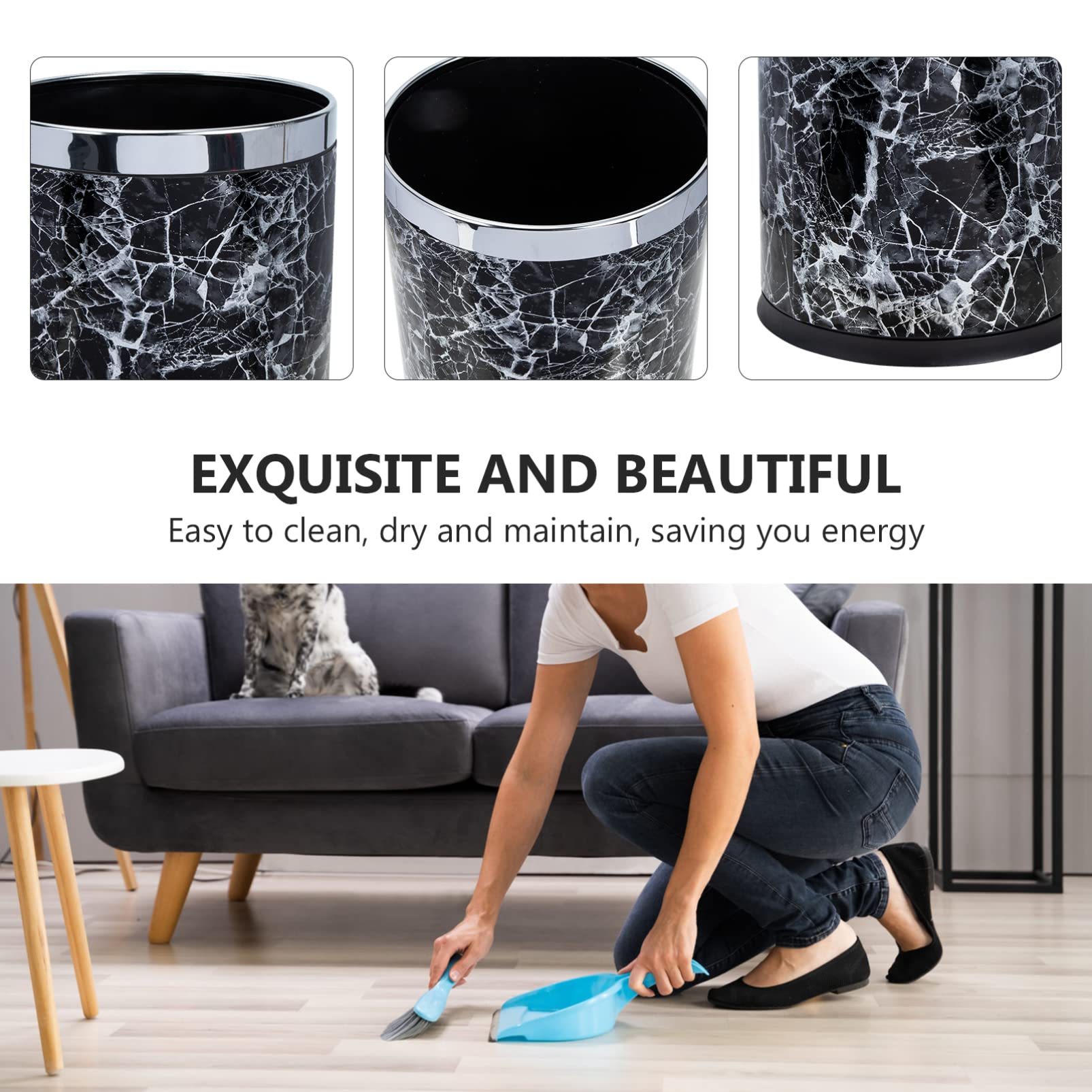 FOMIYES Small Round Marble Trash Can - Bathroom Wastebasket with Lid, Garbage Bin for Kitchen, Bedroom, Home Office - Black | Stylish & Durable for Home Decor & Daily Use
