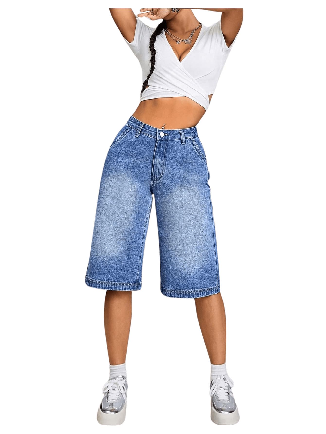Milumia Women's Low Rise Denim Wide Leg Bermuda Shorts - Comfortable Loose Fit for Casual Wear, Summer Outfits & Beach Vacations
