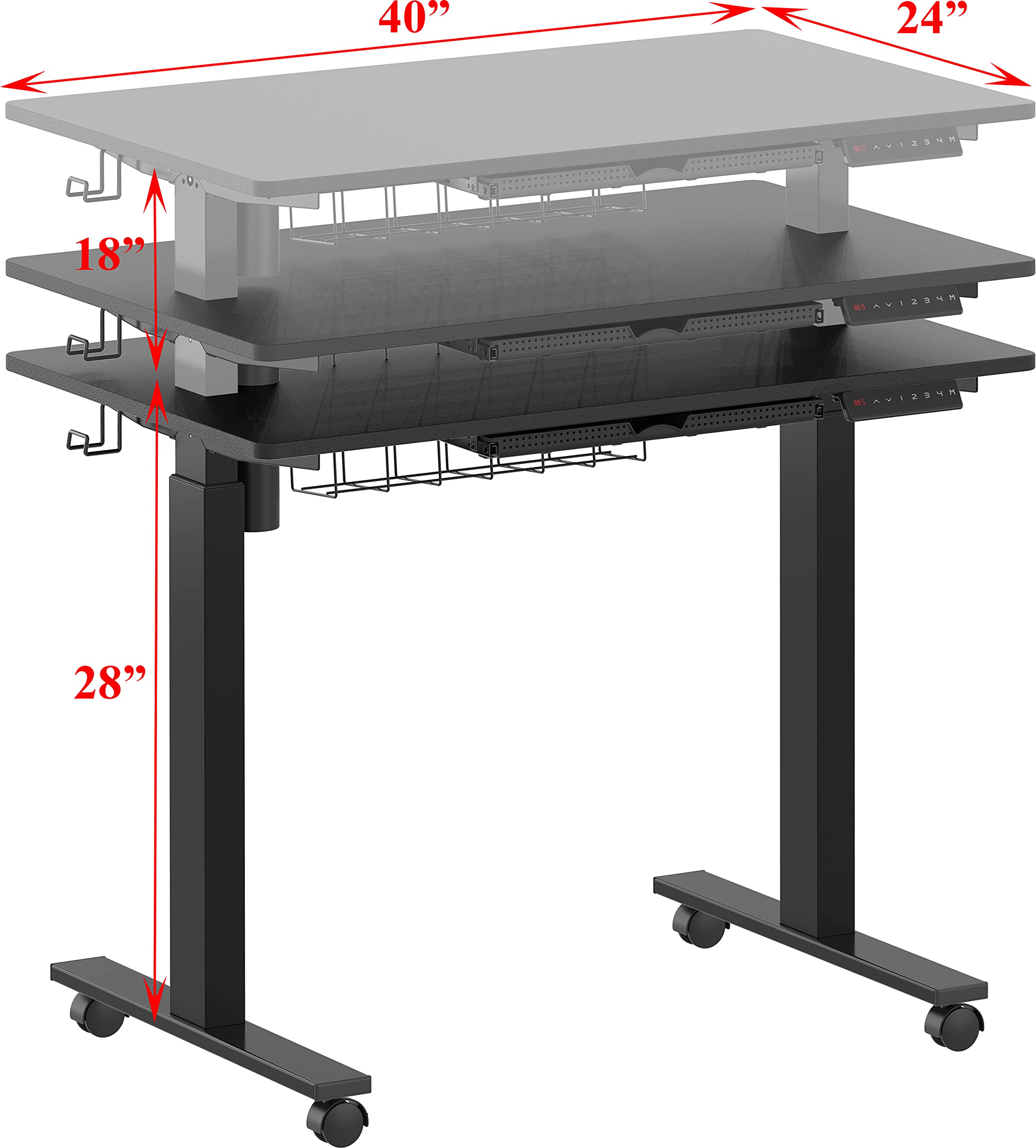 SHW 40 x 24 Inches Electric Height Adjustable Standing Desk with Drawer - Mobile Sit Stand Workstation with Hanging Hooks & Cable Management, Black - Perfect for Home Office, Study & Small Workspaces