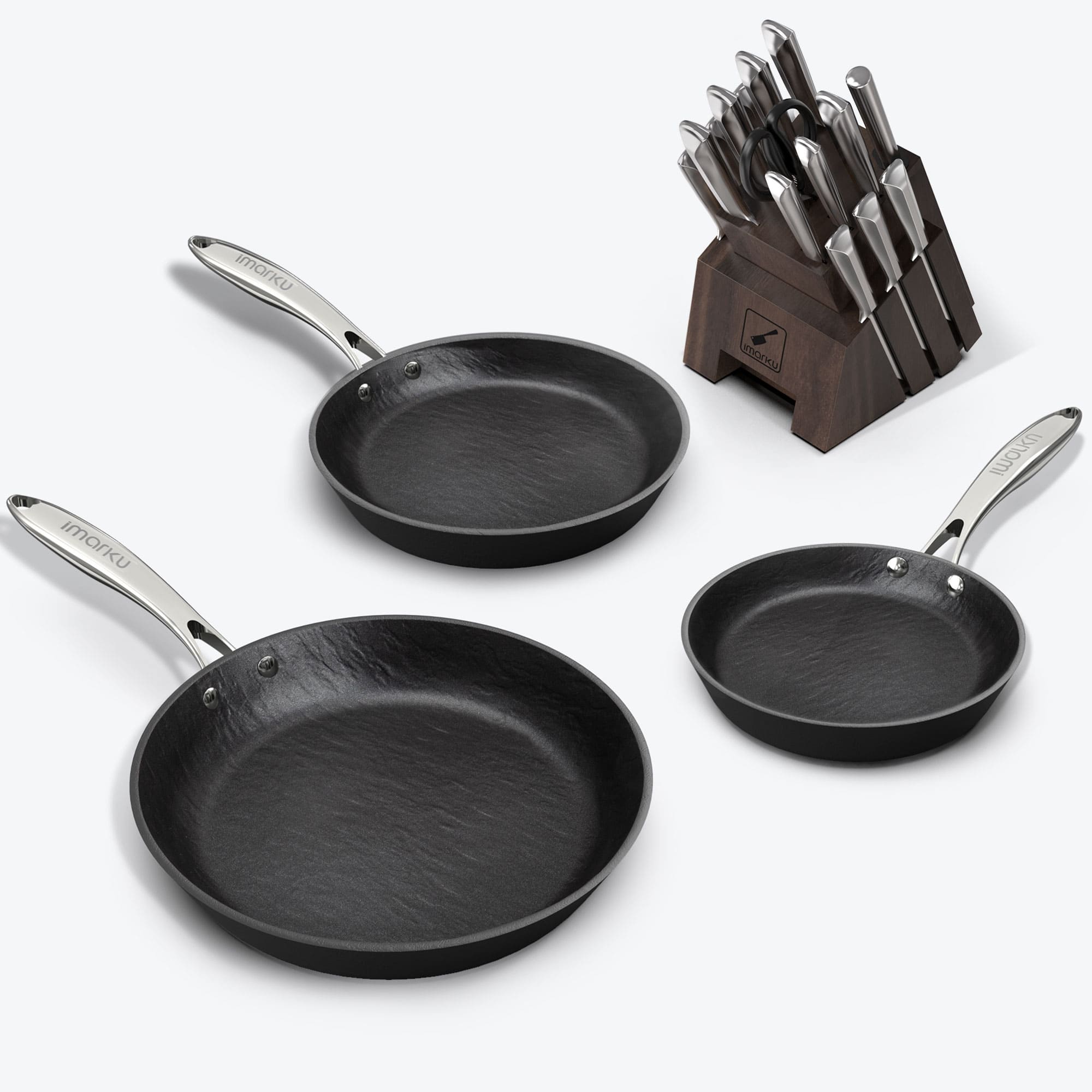 Non-Stick Frying Pan with Silver Handle & Japanese Knife Set - Premium Kitchen Cookware Bundle for Home Chefs - Perfect for Sautéing, Stir-Frying & Meal Prep