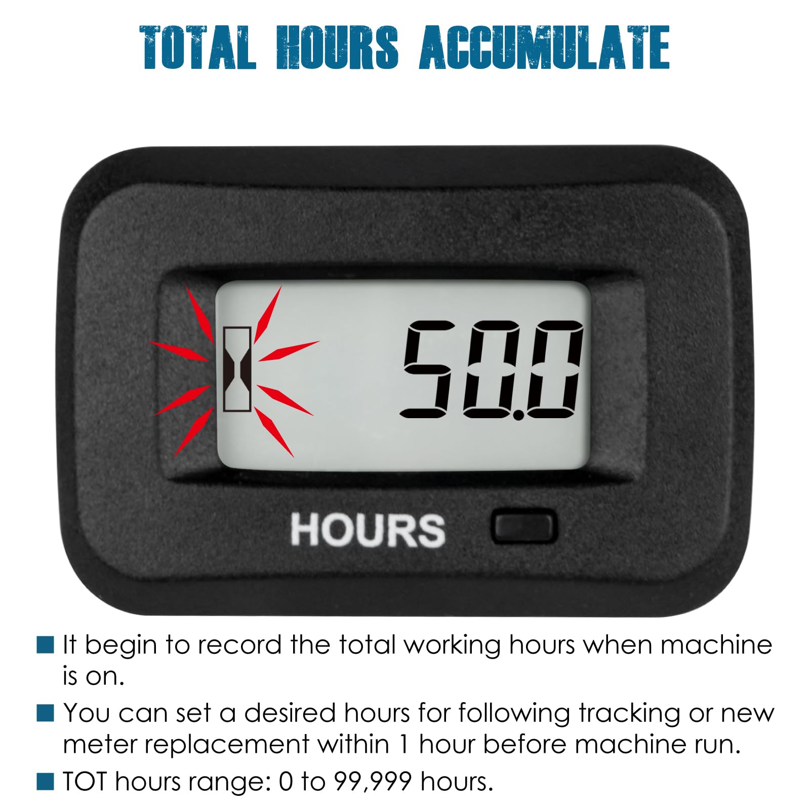 Runleader Digital LCD Hour Meter with AC/DC 5V-277V - Universal Usage Timer for Lawn Mowers, Generators, Motorcycles, Golf Carts, Forklifts & Industrial Equipment - Track Engine Hours & Maintenance Intervals