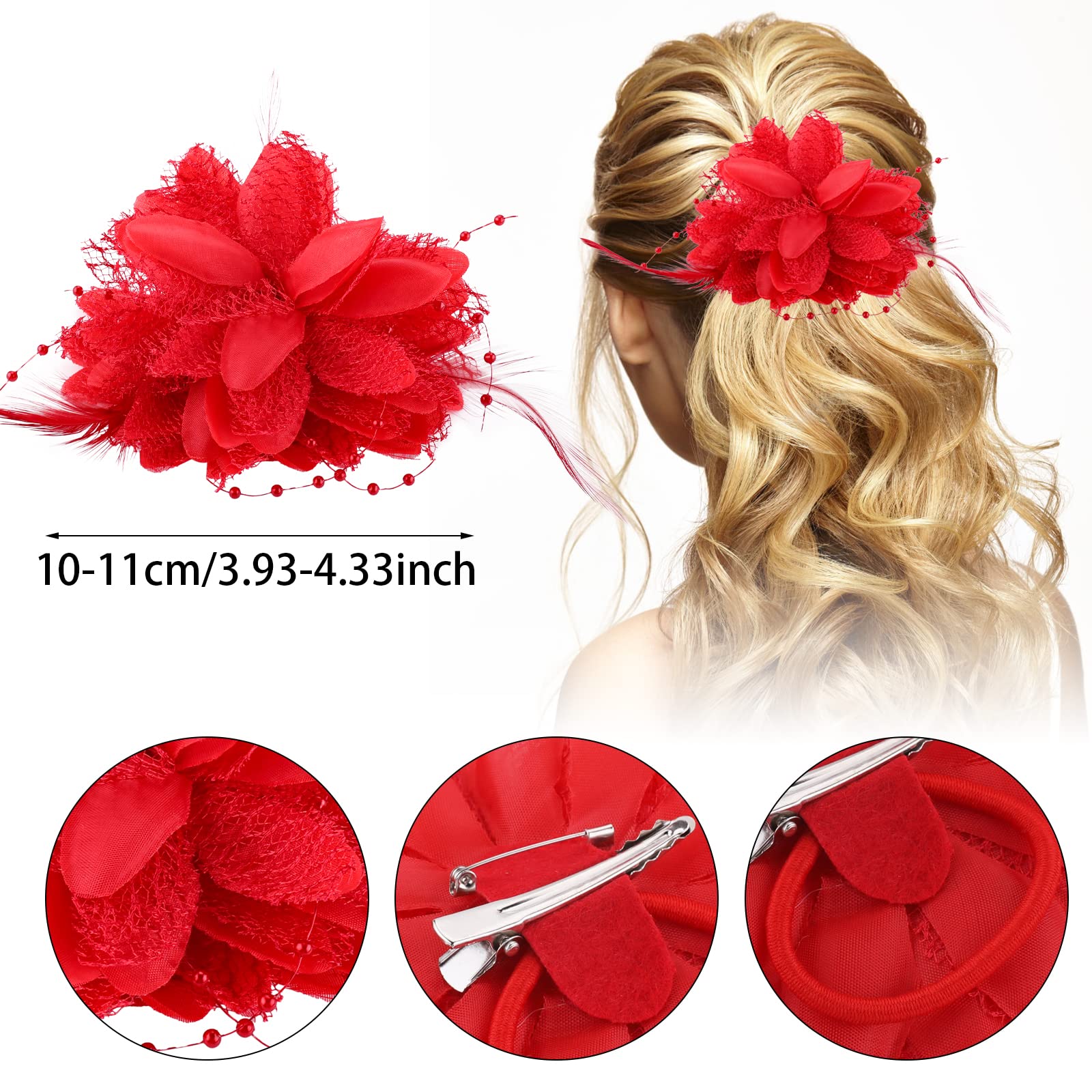 Rose Hair Clips for Women - Floral Hair Accessories for Wedding, Party & Travel (Red)