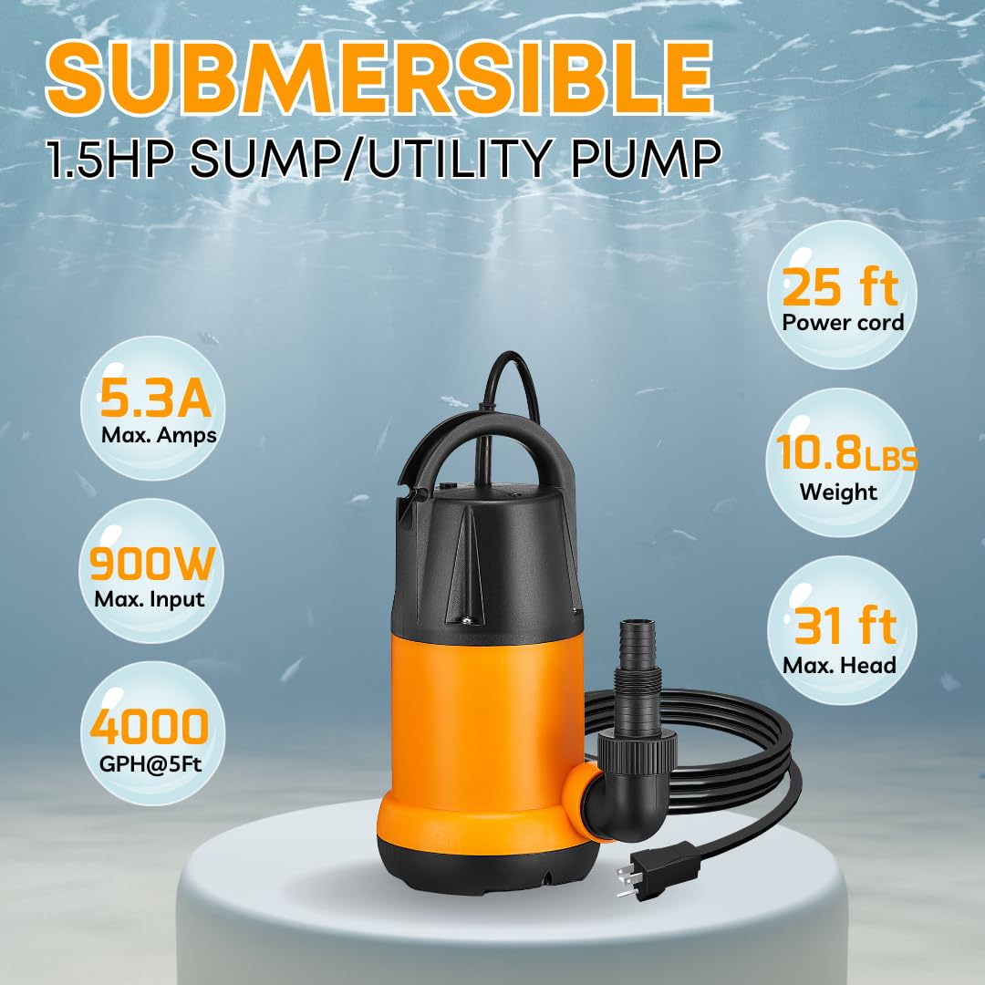 **4000GPH Submersible Sump Pump with 25 Ft. Power Cord - 1.5 HP Heavy Duty Water Pump for Basement, Pool, Pond, Hot Tub & Aquarium Drainage | Flood Prevention & Emergency Water Removal**