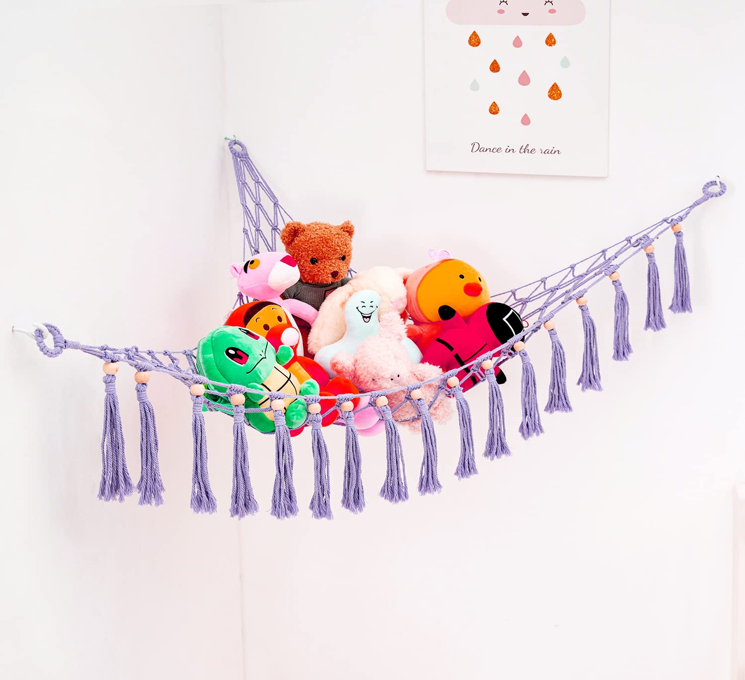 Handmade Large Macrame Toy Hammock Organizer - Stuffed Animal Storage Net for Boho Nursery, Playroom & Bedroom - Purple Plush Toy Holder for Kids Room Decor (Perfect for Organizing Stuffed Animals in Play Areas, Nursery Storage & Kids Room Display)