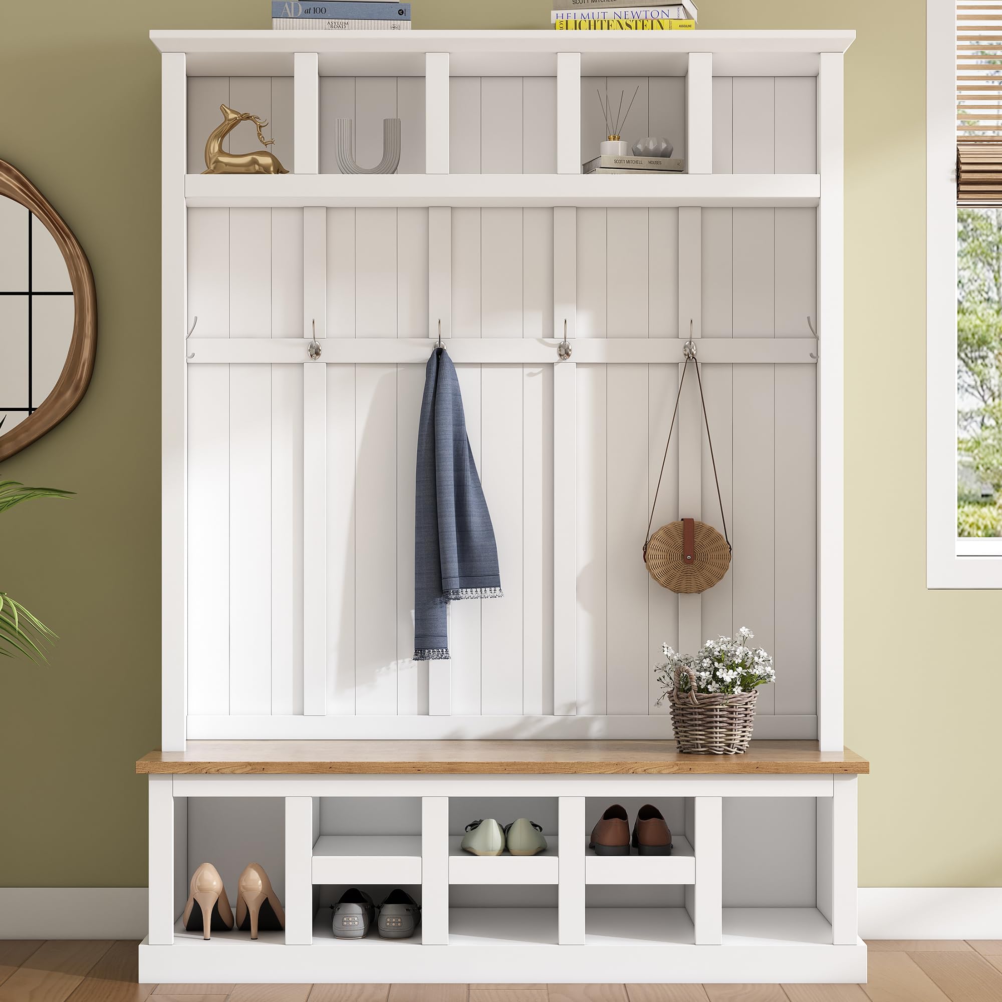 78''H Wide Entryway Hall Tree with Top Shelves, 6 Hooks & Storage Bench - White Shoe Cabinet with Cube Storage for Living Room, Mudroom & Hallway Organization | Perfect for Entryway Decor, Coat Hanging & Shoe Storage