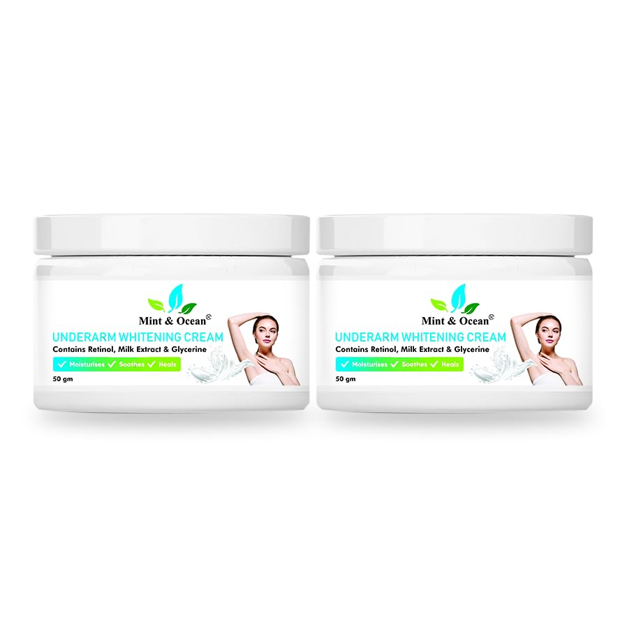 Mint & Ocean Underarm Whitening Cream with Retinol & Milk Extracts - Dark Underarm Brightening Treatment - 50g x 2 Pack - Glycerin Formula for Smooth Skin | Perfect for Summer Dresses & Special Occasions