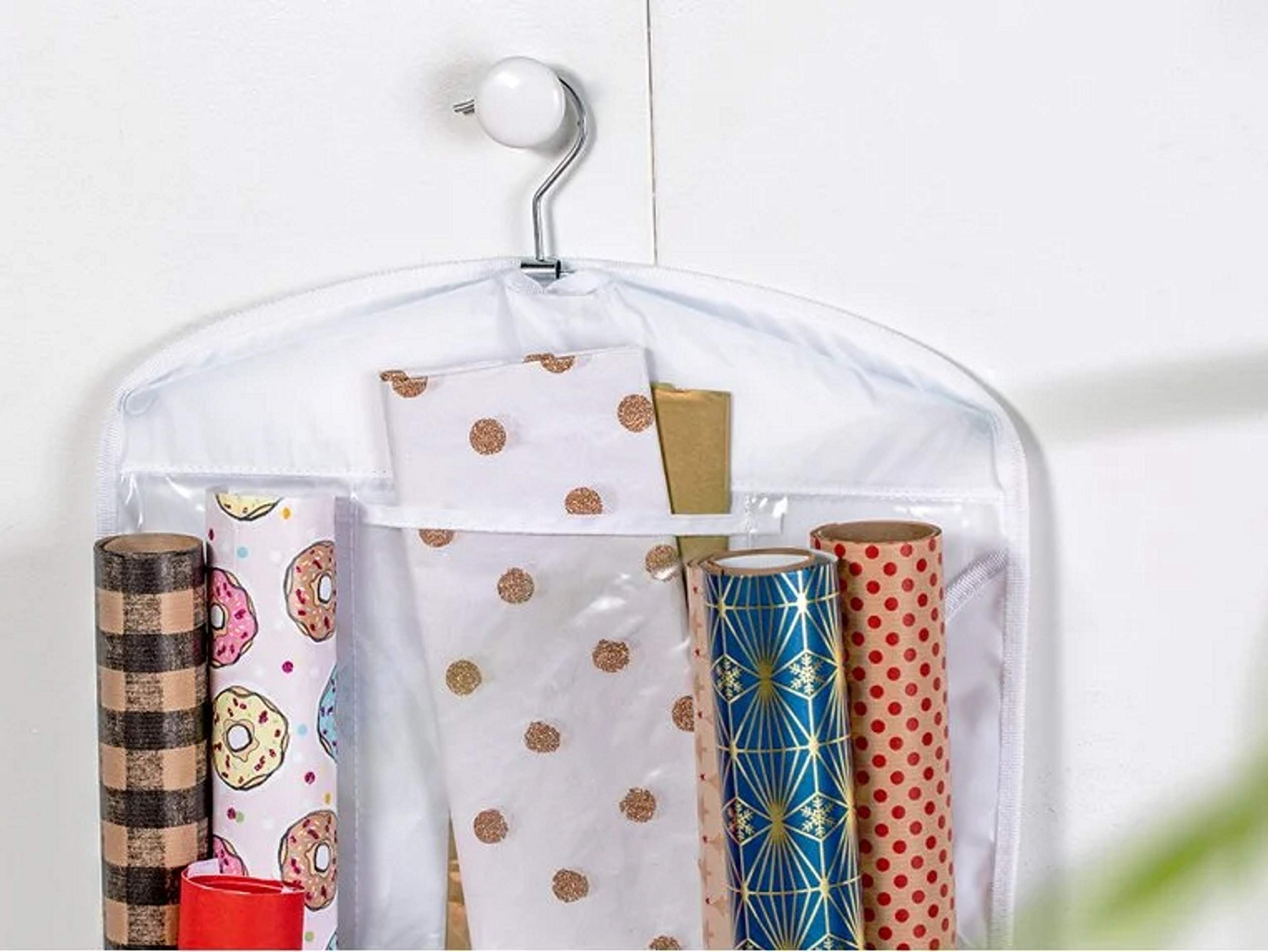 Gift Wrap Organizer Storage - Hanging Bag & Box for Wrapping Paper Rolls, Gift Bags, Bows & Ribbons - Clear Pockets & Hook for Closet Organization - Perfect for Holiday Gift Wrapping & Home Storage Solutions