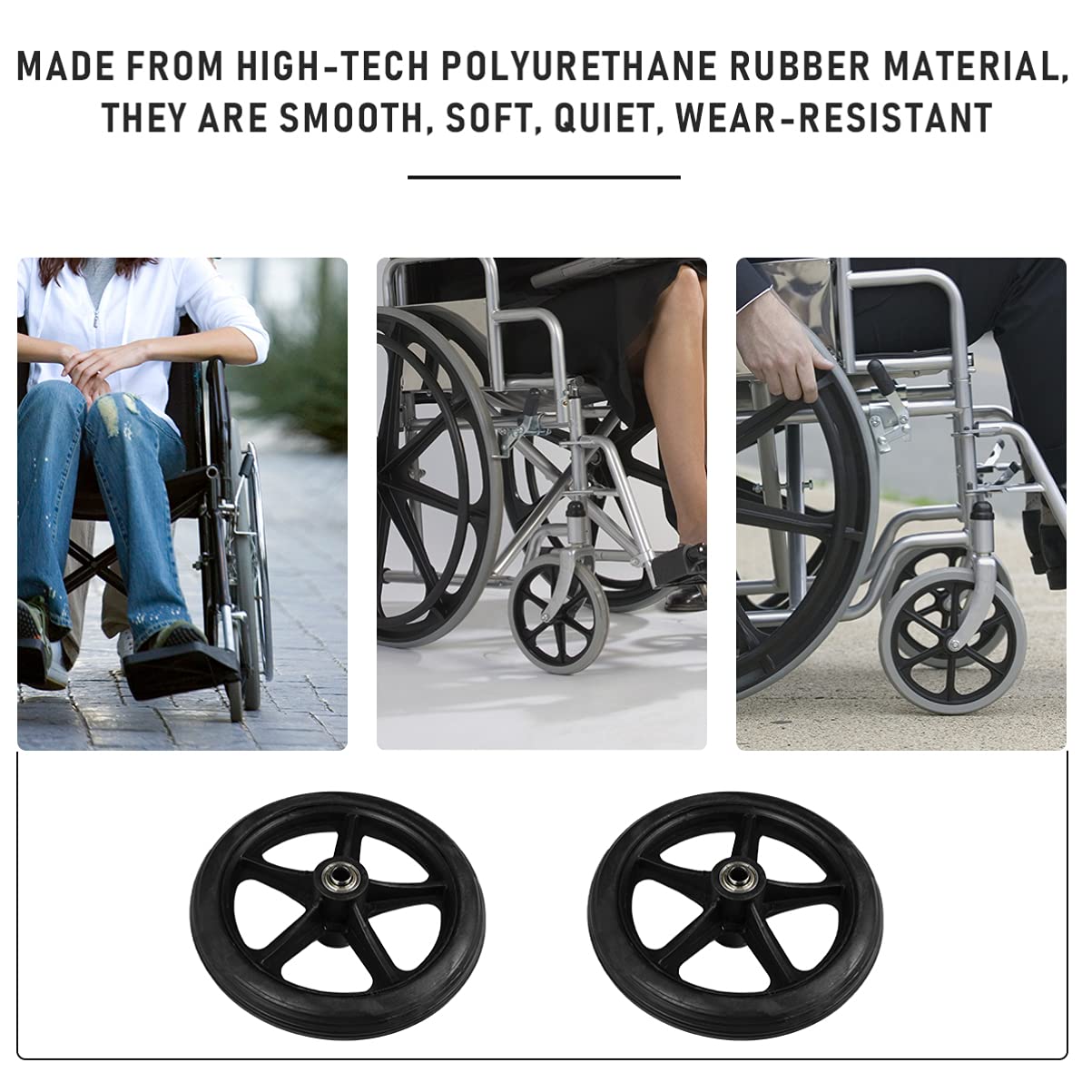 EXCEART 2-Pack 7 Inch Wheelchair Front Caster Wheels - Replacement Rubber Tires for Wheelchairs & Walkers (Black) - Perfect for Smooth Mobility & Daily Use
