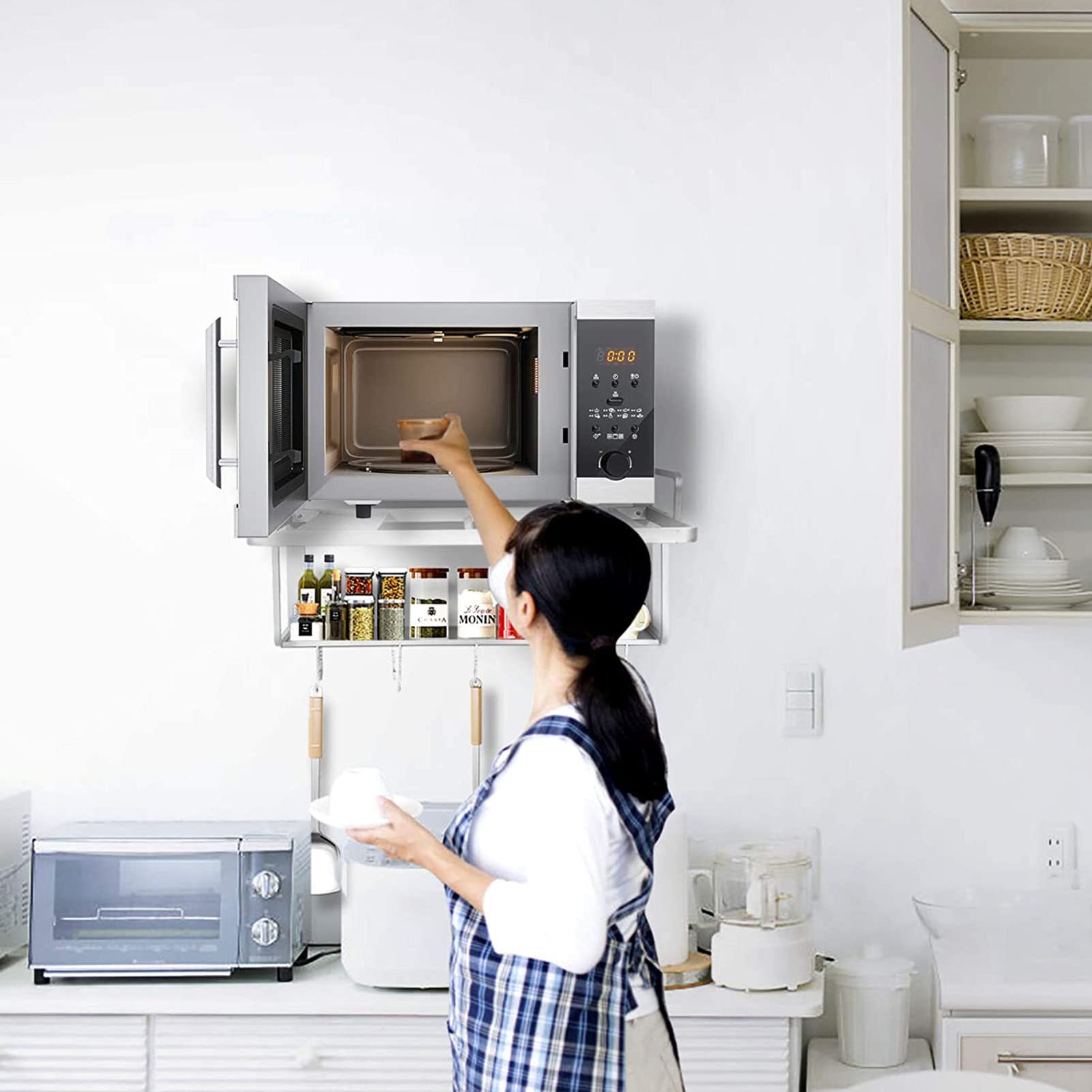 Double Layer Microwave Shelf - Wall Mounted Kitchen Storage Organizer with 10 Hooks for Pans, Pots, Knives & Spoons | Space Saving Kitchen Rack for Small Kitchens & Apartments