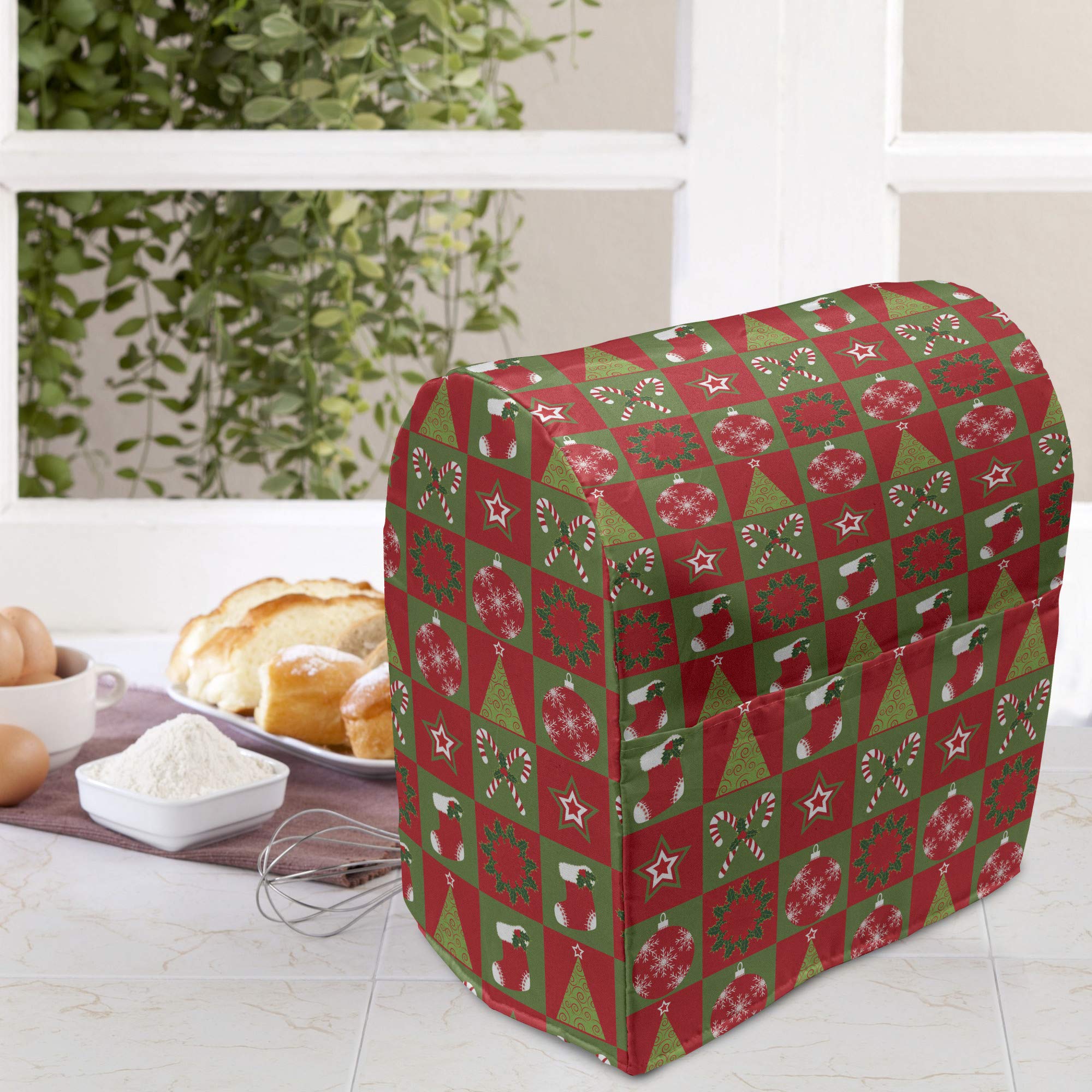 Ambesonne Christmas Stand Mixer Cover - Fireplace Socks with Stars Ornaments & Triangle Pines Design - Kitchen Appliance Organizer Bag with Pocket (6-8 Quarts, Olive Green & White) - Perfect for Holiday Baking & Kitchen Organization