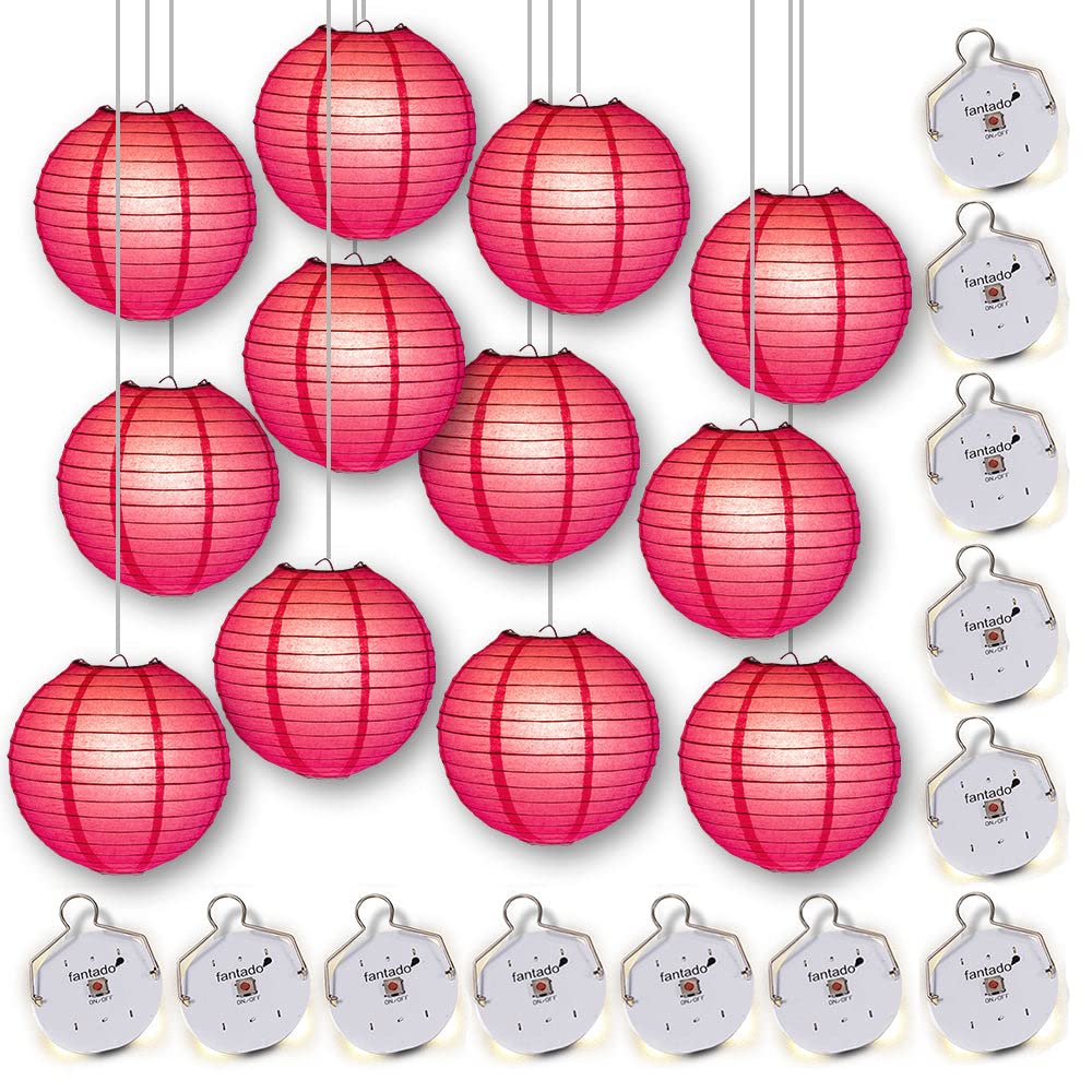 MoonBright 12-Inch Hot Pink Paper Lanterns with Energy-Efficient OmniDisk LED Lights - 12-Pack Party Decor Kit for Weddings, Baby Showers & Indoor/Outdoor Events