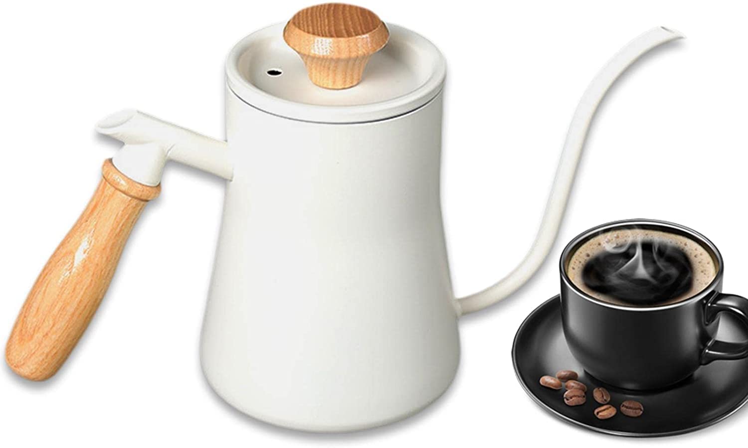 Premium Stainless Steel Gooseneck Tea Kettle with Wooden Handle - Long Spout Drip Kettle for Espresso, Moka & Pour Over Coffee - Perfect for Office, Home & Stovetop Use (White)