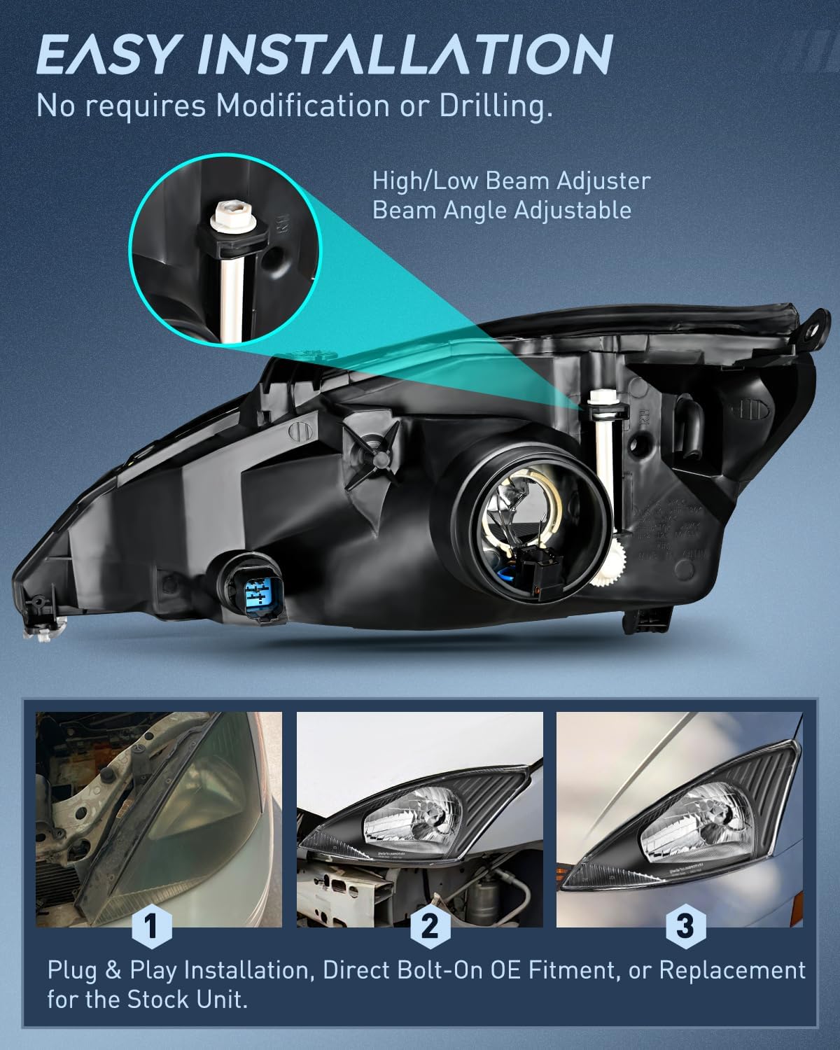 2000-2004 Ford Focus Headlight Assembly - Black Housing with Clear Reflector & Upgraded Clear Lens - Replacement for Dim/Broken Lights - Improved Night Visibility for Safer Driving