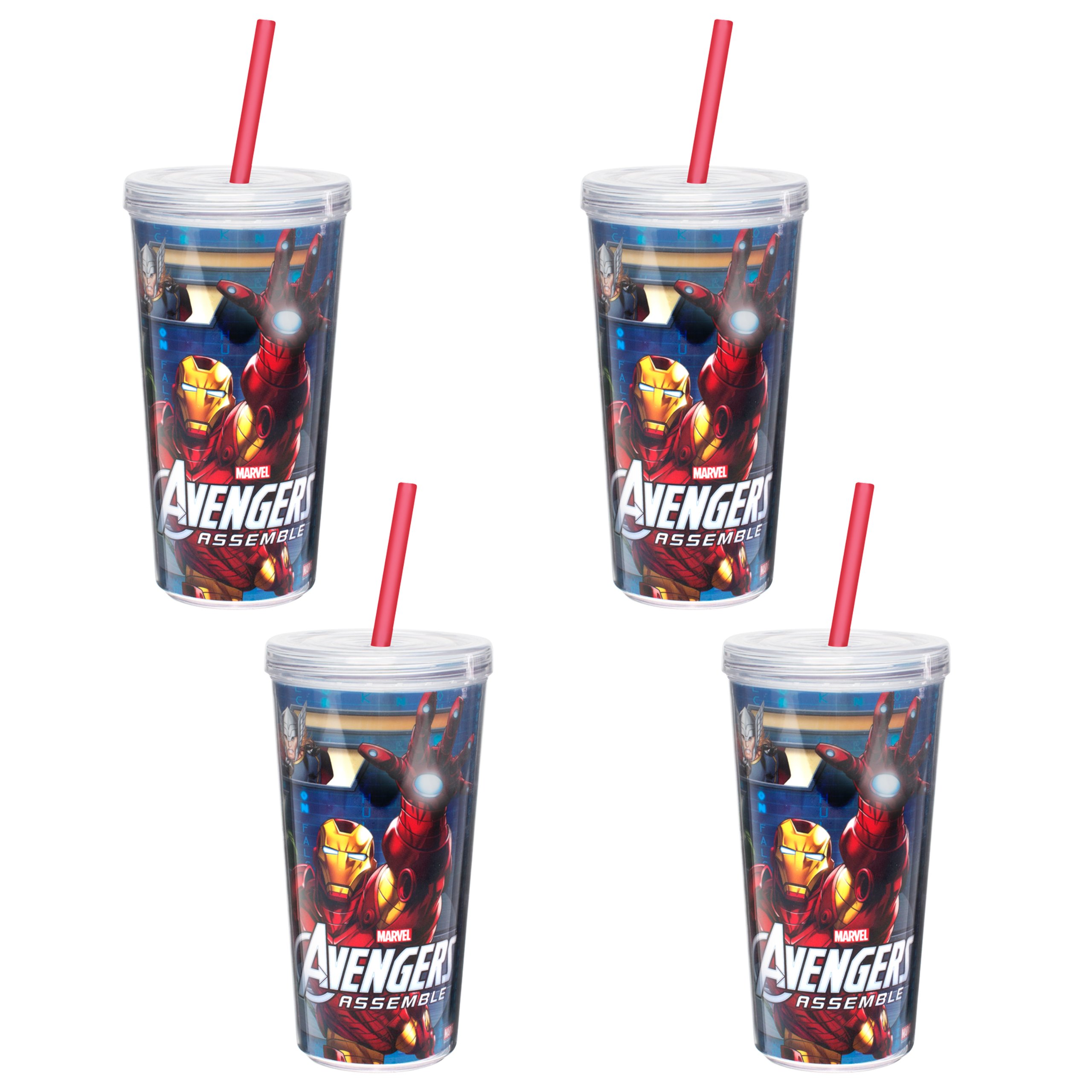 Zak Designs Avengers Double Wall Insulated Tumbler with Straw - 16oz Stainless Steel Water Bottle (4-Pack) - Perfect for School, Gym, Office & Outdoor Activities