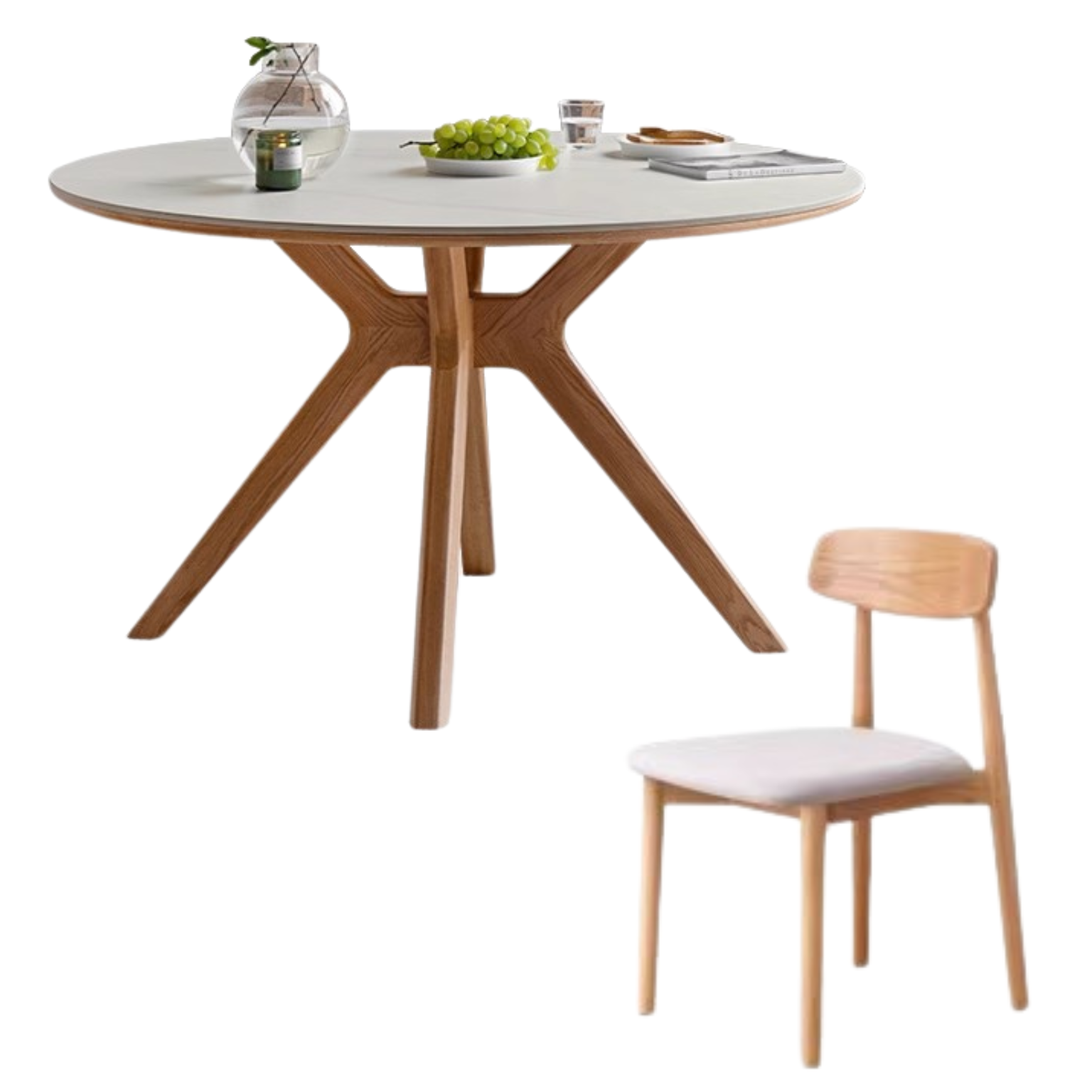 Solid Oak Wood Round Nordic Dining Table with Rock Slab Surface - Modern Farmhouse Kitchen & Dining Room Furniture for Family Gatherings