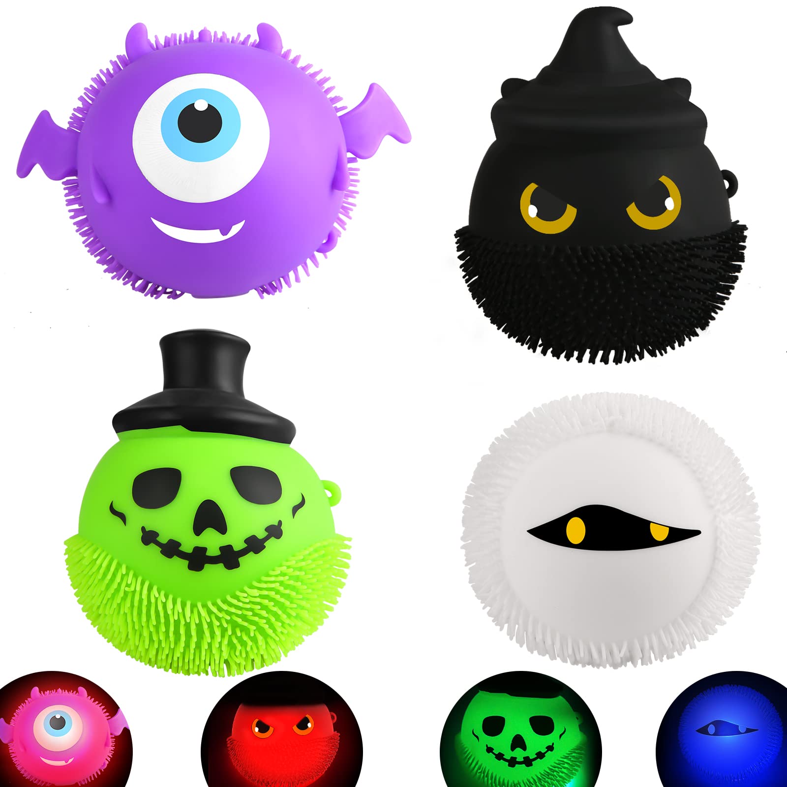 4 Pack LED Light Up Squishy Stress Relief Puffer Balls - Halloween Party Favors (Ghost, Pumpkin, Devil, Mummy) for Trick or Treat, Classroom Prizes & Sensory Play