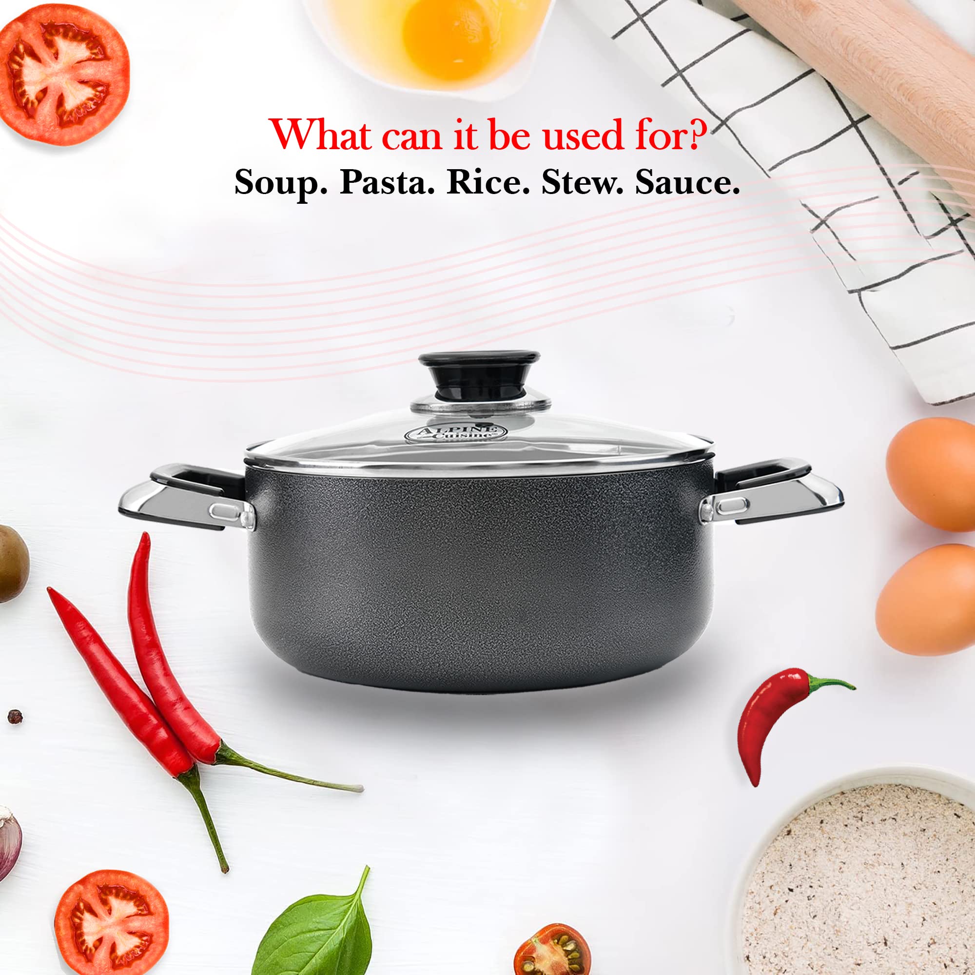 Alpine Cuisine 4 Quart Non-Stick Aluminum Dutch Oven with Tempered Glass Lid - Multi-Purpose Cookware for Braising, Boiling, Stewing - Perfect for Soups, Stews & Family Meals