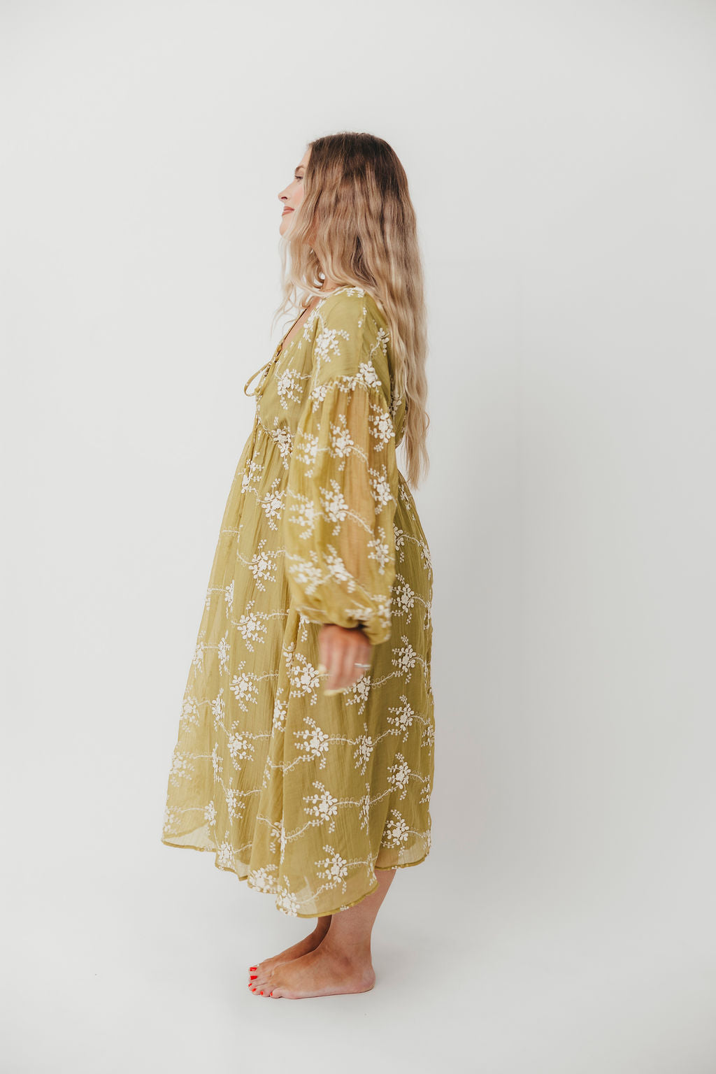 Rossi Women's Embroidery Long Sleeve Midi Dress - Floral Lace Boho Style Moss Green Dress for Fall/Winter, Perfect for Weddings, Parties & Office Wear