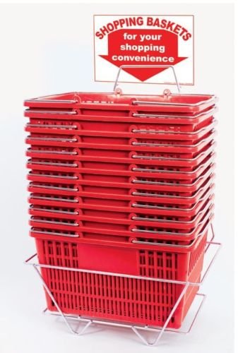 Durable Red Plastic Shopping Baskets - 16 x 12.5 x 9 Inches (Set of 12) - Break-Resistant & Stackable for Retail Stores, Supermarkets, and Farmers Markets