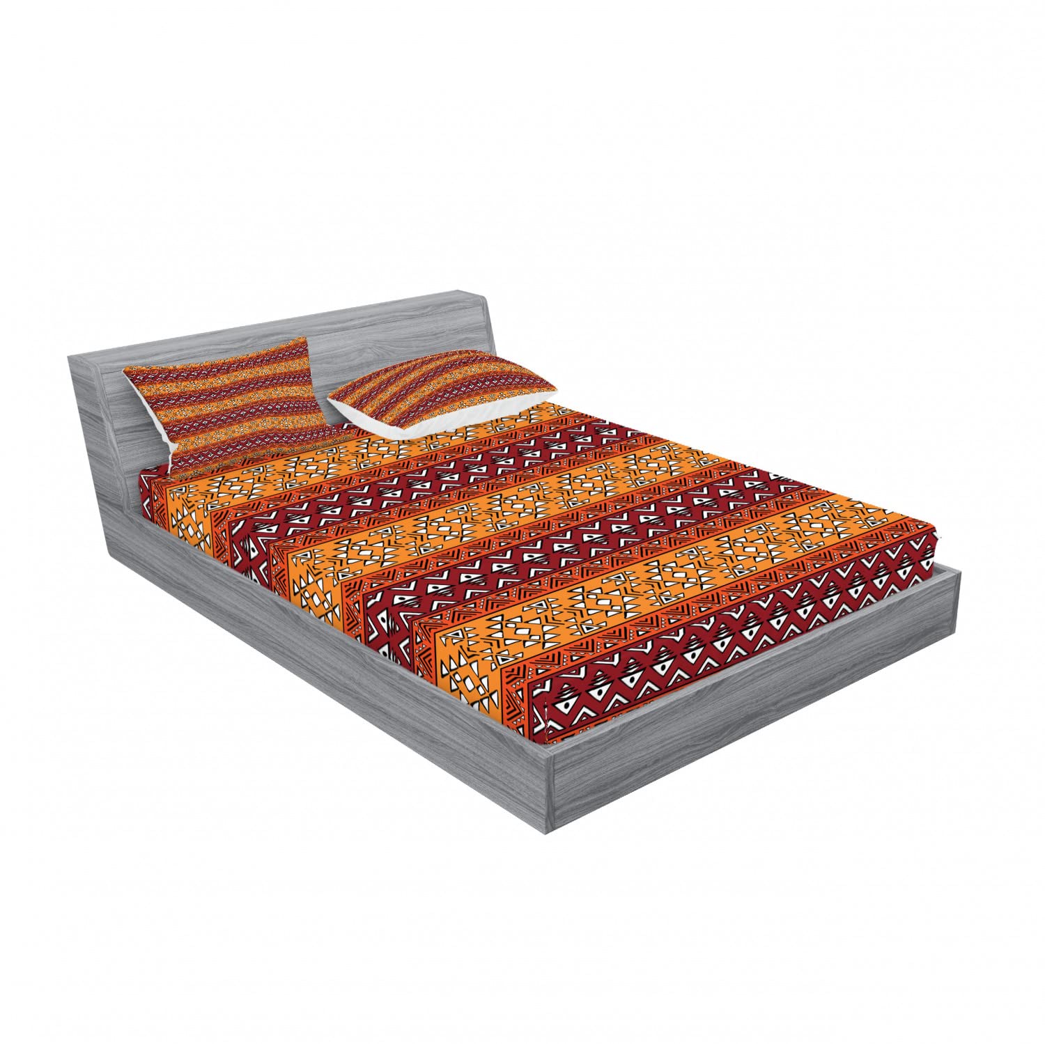 Ambesonne Tribal 2-Piece Queen Fitted Sheet Set with 4 Pillow Shams - Retro Bohemian Bedding in Ruby Apricot for Guest Rooms, Vacation Homes & Dorm Decor