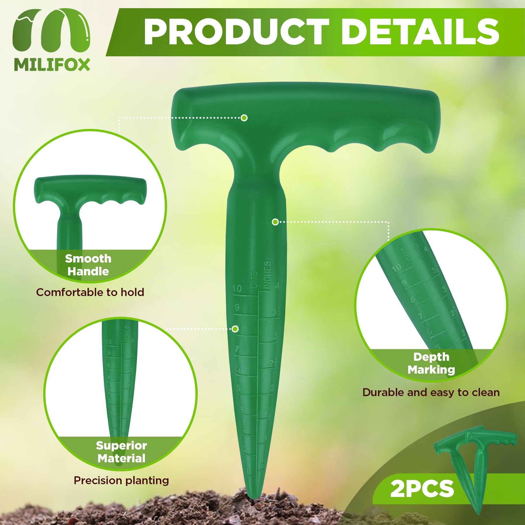 2 Pack Green Plastic Bulb Planting Tools - 6.9 Inch Seed Dibber with Measurement Marks & Comfortable Handle - Perfect for Planting Bulbs, Sowing Seeds & Gardening - Ideal for Home Garden, Flower Beds & Vegetable Patches