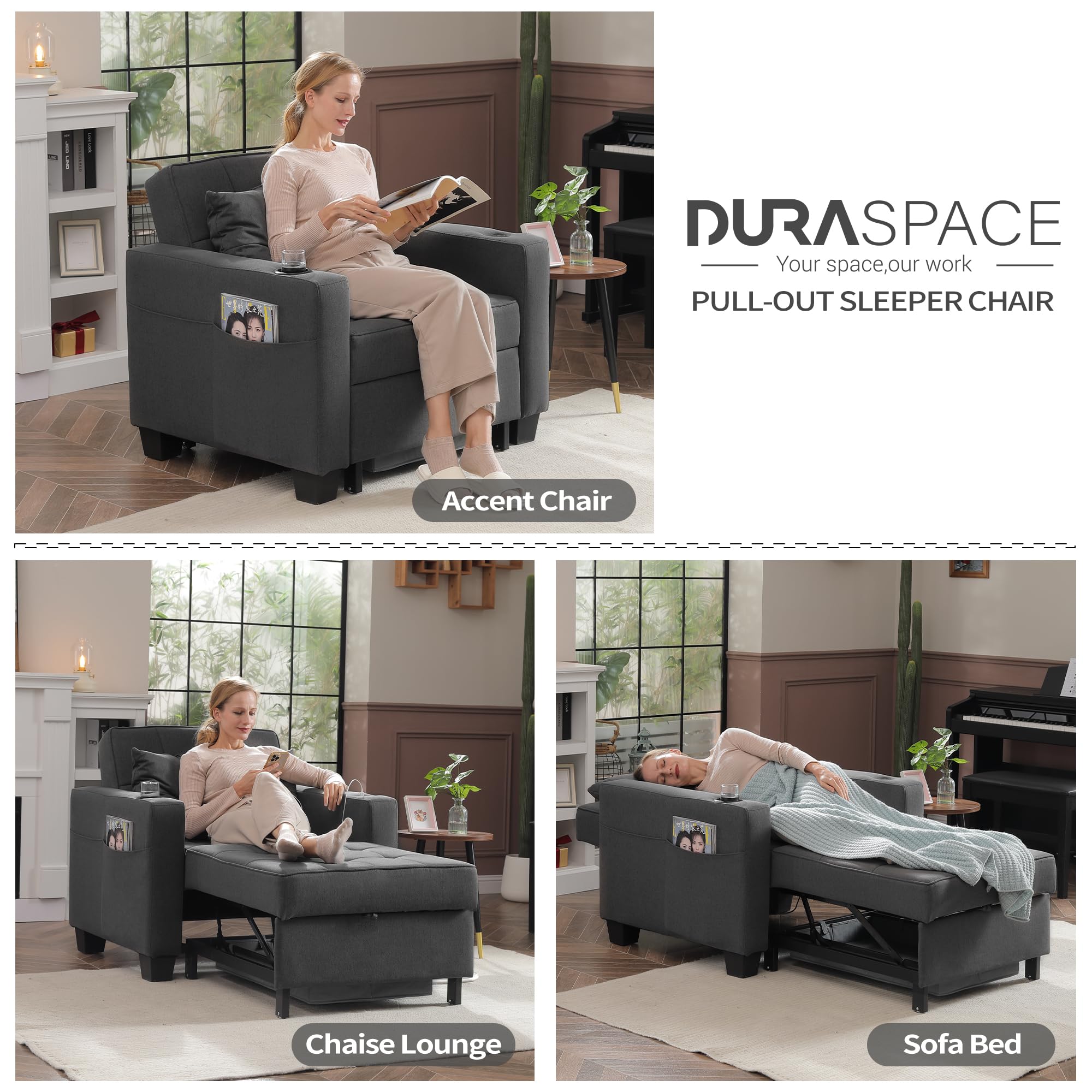 DURASPACE 3-in-1 Convertible Sofa Bed Sleeper Chair with USB Port & Cup Holder - Adjustable Armchair Bed for Small Spaces - Dark Gray Linen Fabric - Perfect for Apartments, Living Rooms, Offices & Guest Rooms