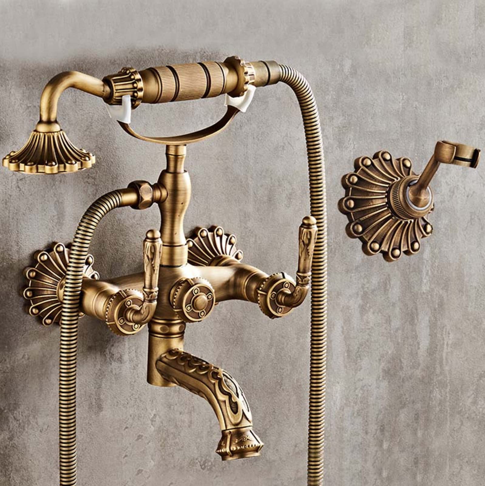Vintage Brass Bathroom Shower Faucet Set - Wall Mounted Mixer Tap with Handheld Shower Head - Antique Carved Design for Bathroom & Shower (HS8026G) - Perfect for Vintage Style Bathrooms, Luxury Hotels, and Spa Retreats