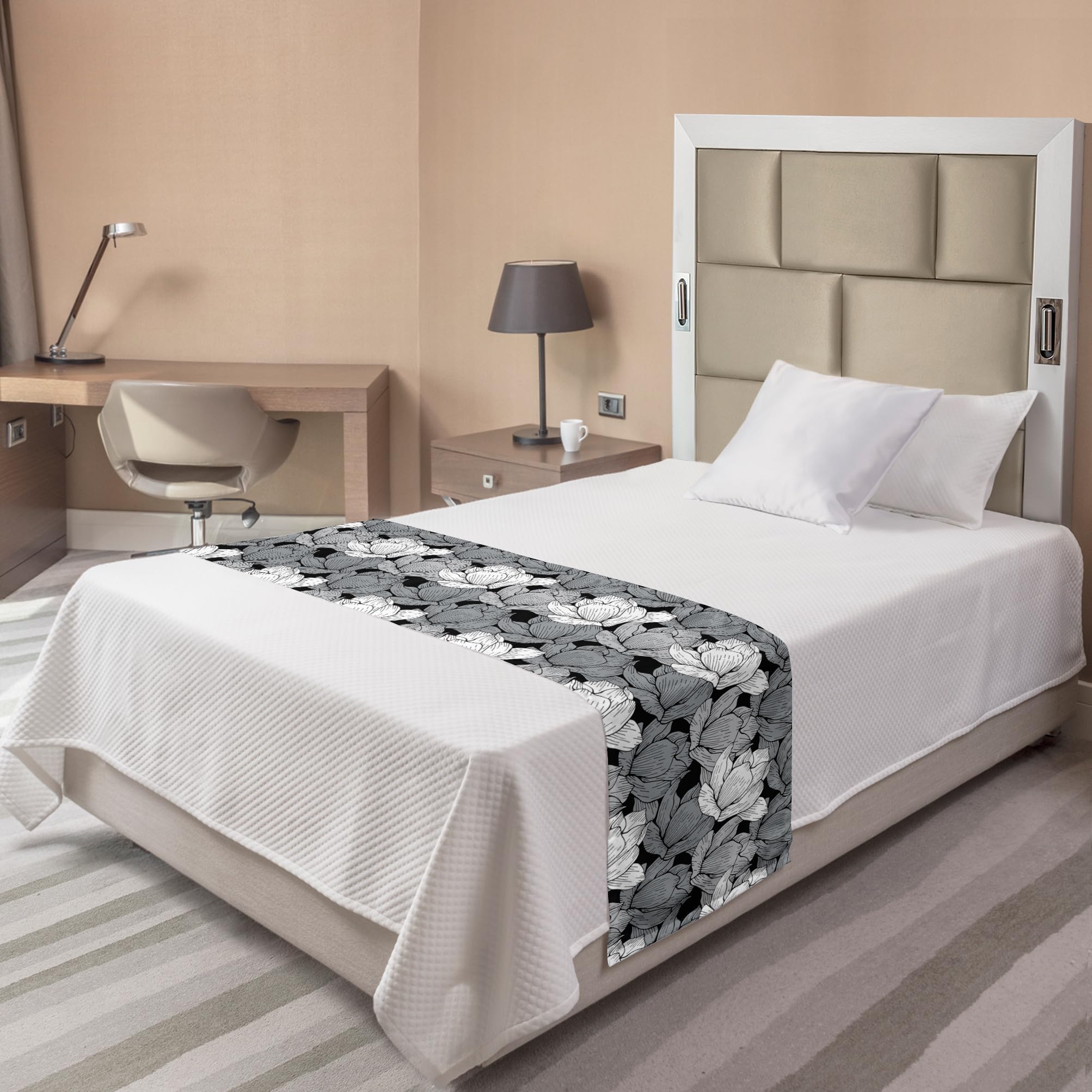 Ambesonne Black and Grey Floral Lotus Bed Runner - Oriental Nature Motif Decorative Bed Scarf for Queen King Beds - Perfect for Hotels, Homes & Guestrooms - Elegant Bedroom Decor for Weddings, Spas & Luxury Bedding