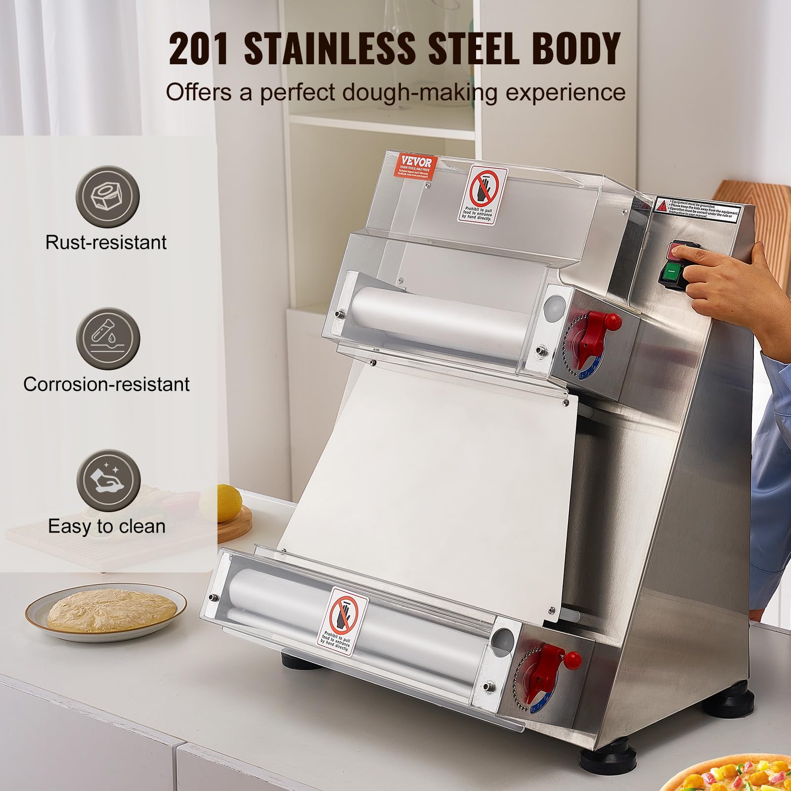 VEVOR Commercial Electric Pizza Dough Roller Sheeter Machine - 390W Stainless Steel Automatic Dough Press (3-15 Inch Adjustable Thickness, 260 Pizzas/Hour) - Perfect for Pizzerias, Bakeries & Italian Restaurants