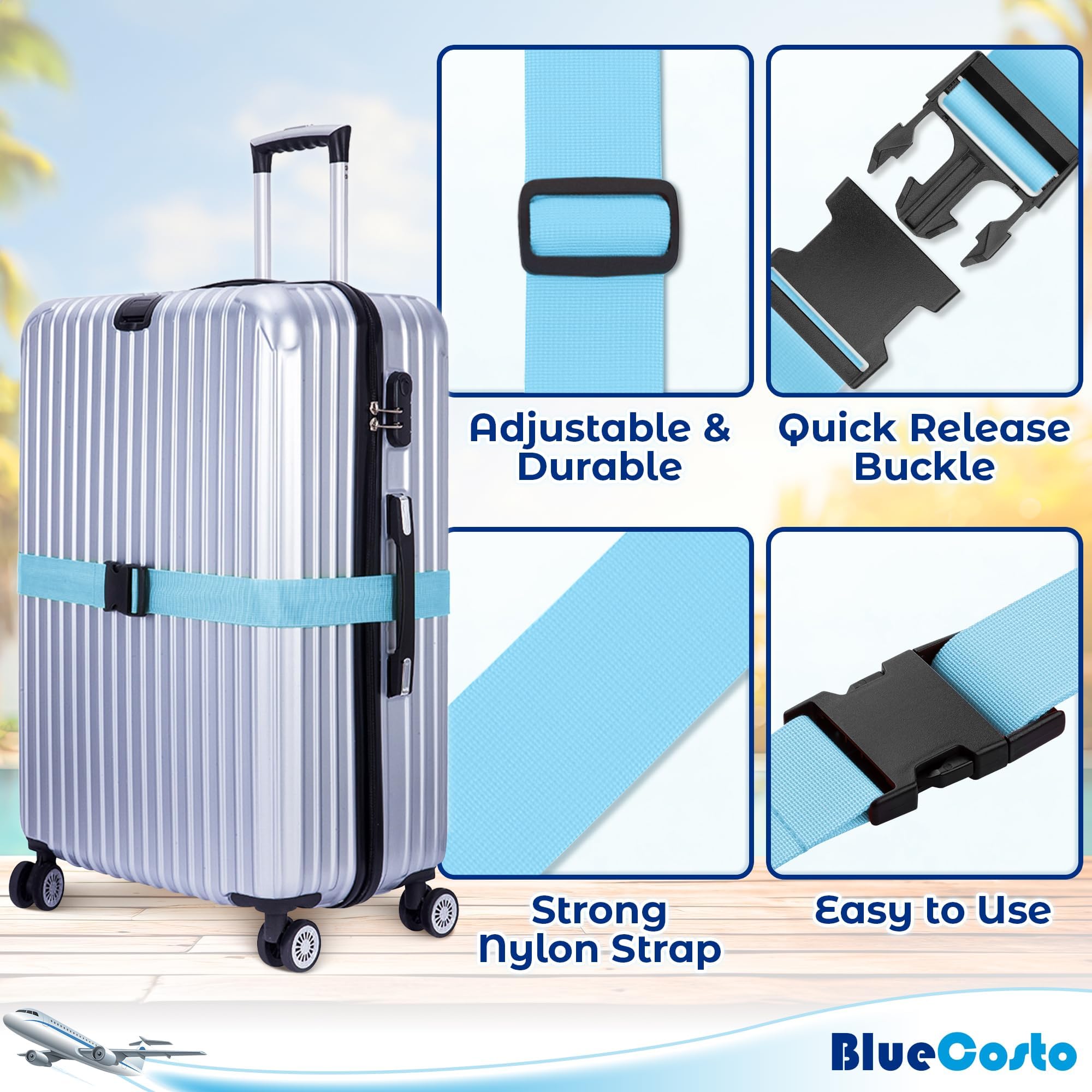 Premium Nylon Luggage Straps for Suitcases - Heavy-Duty Adjustable Travel Belt (46”-78”) - Secure Suitcase, Briefcase, Backpack & Travel Bag - 4 Pack Blue - Ideal for Air Travel, Commuting & Vacation Packing
