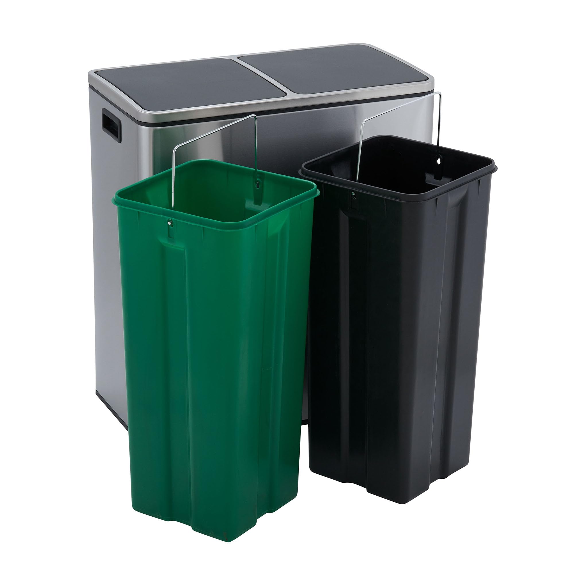Stainless Steel Dual Compartment Trash Can with Soft Close Lids | 2 x 30L/8Gallon Recycling Bins, 60L Total Capacity, Silver | Perfect for Kitchen, Office, Restaurant Waste Separation