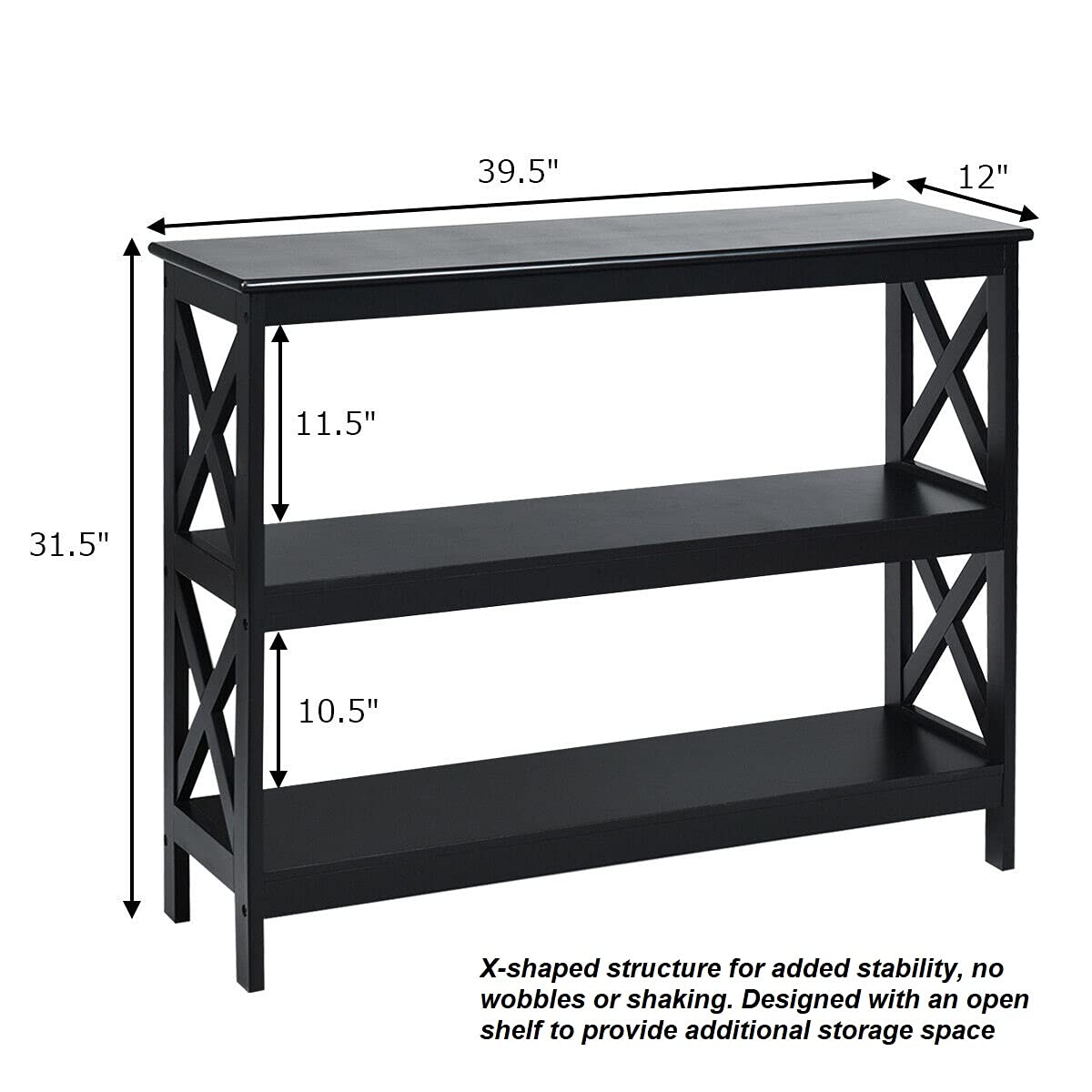 3-Tier Black Entryway Console Table - Hallway Sofa Side Table, TV Stand, Bookshelf for Books, Photo Frames & Plants | Multi-Functional Accent Table for Phone Chargers, Remotes & Keys | Perfect for Living Room, Bedroom & Office Decor