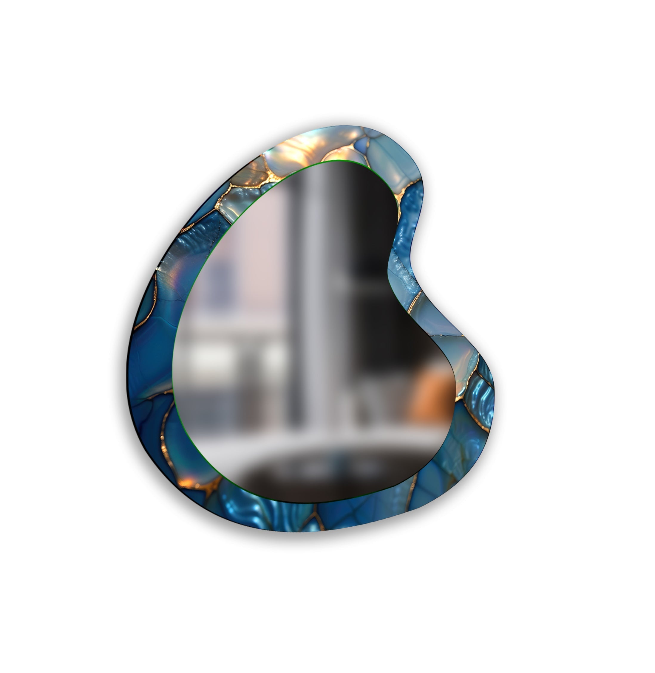 Blue Abstract Irregular Glass Wall Mirror - Modern Decorative Mirror for Living Room, Bedroom & Entryway - Unique Home Decor Accent Piece