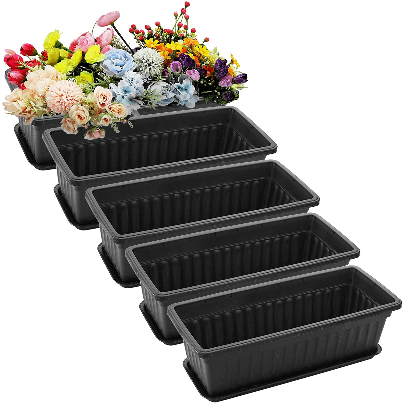 Fasmov 5 Pack 17 Inch Black Plastic Flower Window Box Planter with Drainage Trays - Vegetable & Herb Garden Plant Pots with 5 Plant Labels for Balcony, Patio, Indoor Outdoor Gardening, Home Decor
