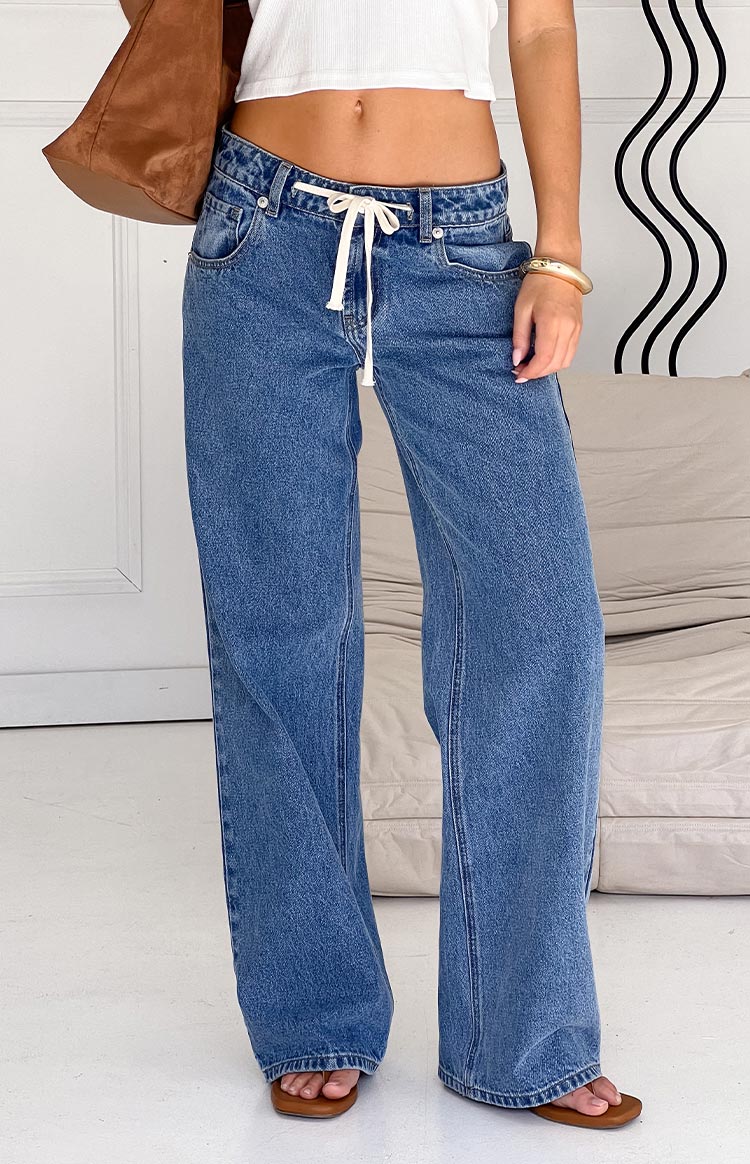 Beau Mid Wash Tie Waist Denim Jeans for Women - High Waisted Stretch Skinny Jeans - Comfortable & Stylish for Casual Outfits and Date Nights