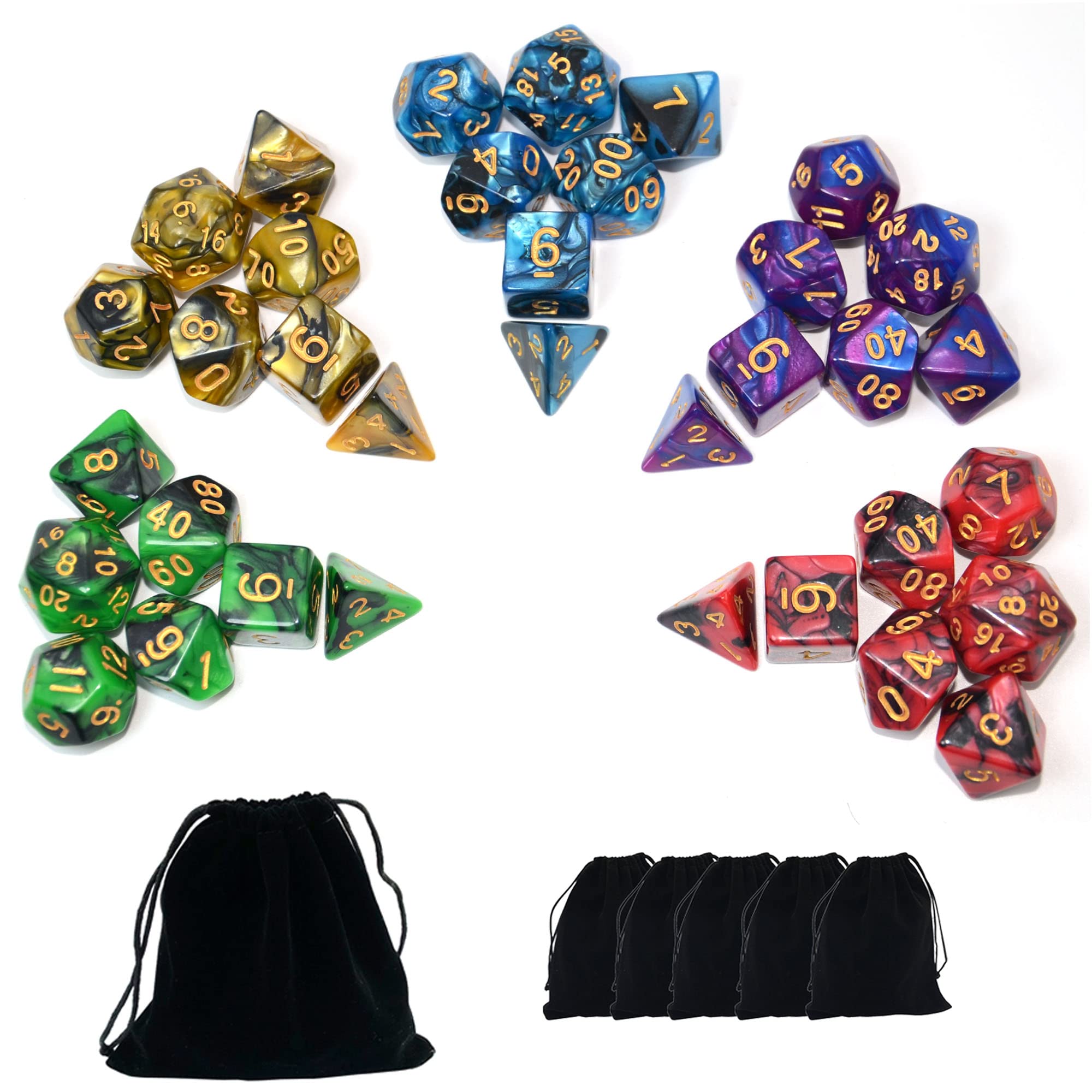 SmartDealsPro 5 x 7-Piece Double-Colored Polyhedral Dice Set with Pouch - Perfect for D&D, RPG, MTG, Dungeons & Dragons Tabletop Board Games (Includes D4, D6, D8, D10, D%, D12, D20) - Ideal for Game Nights, Campaigns & Roleplaying Adventures