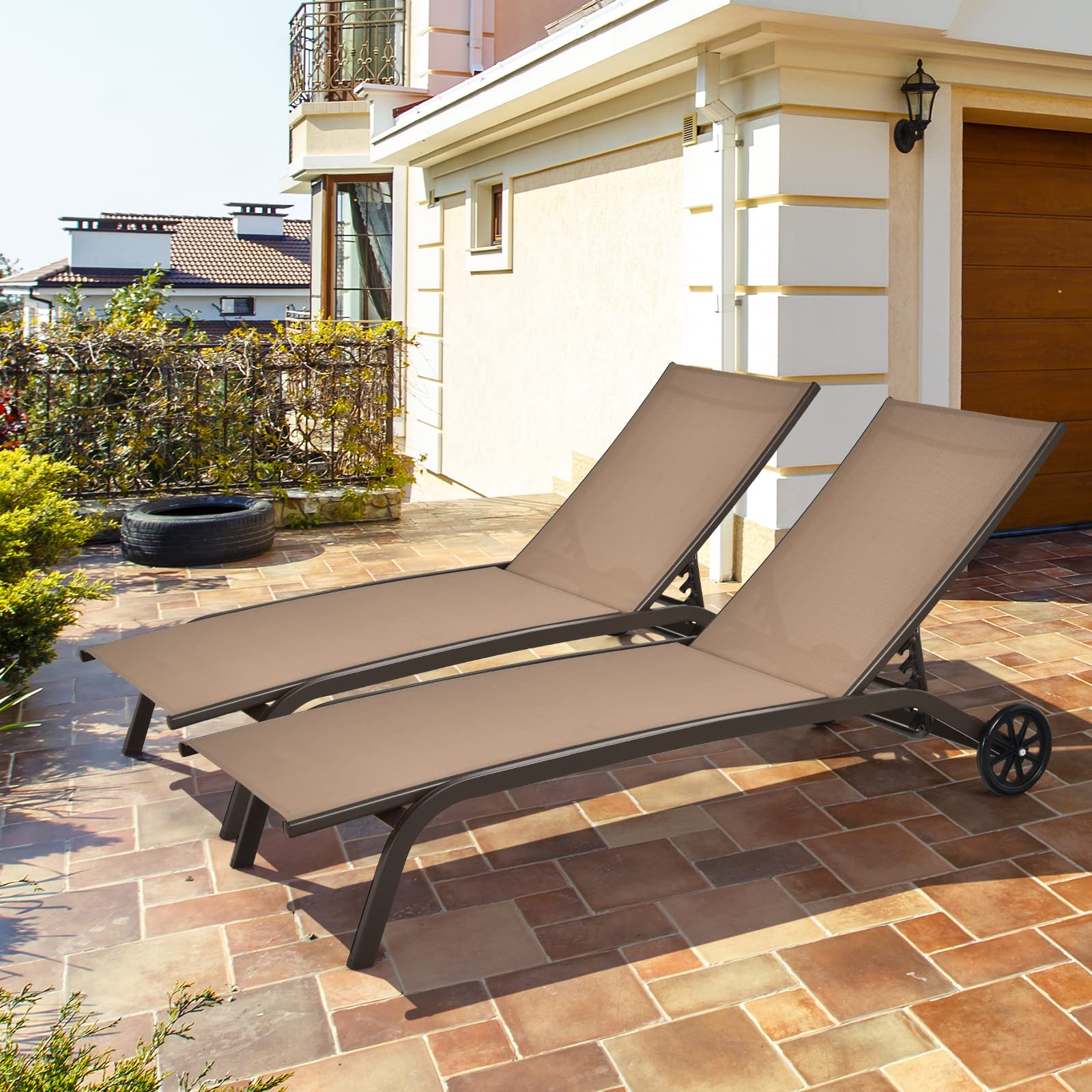 **Tangkula 6-Position Adjustable Outdoor Chaise Lounge Chair - Breathable Fabric, Smooth Wheels - Patio, Poolside, Garden Relaxation (Brown)**
