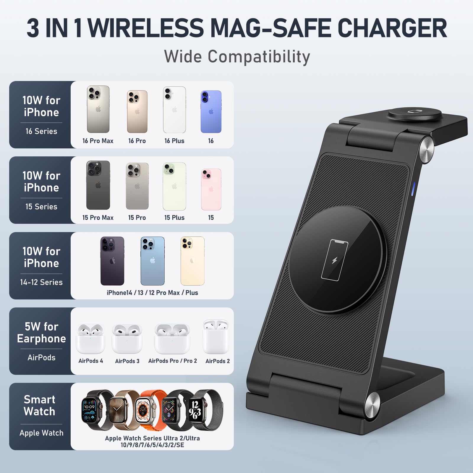 3-in-1 Magnetic Wireless Charging Stand | Foldable Travel Charger for iPhone 16/15/14/13/12 Series, Apple Watch Ultra/9/8/7/6/5/4/3/2 & AirPods | Fast Charging Station for Home, Office & Travel