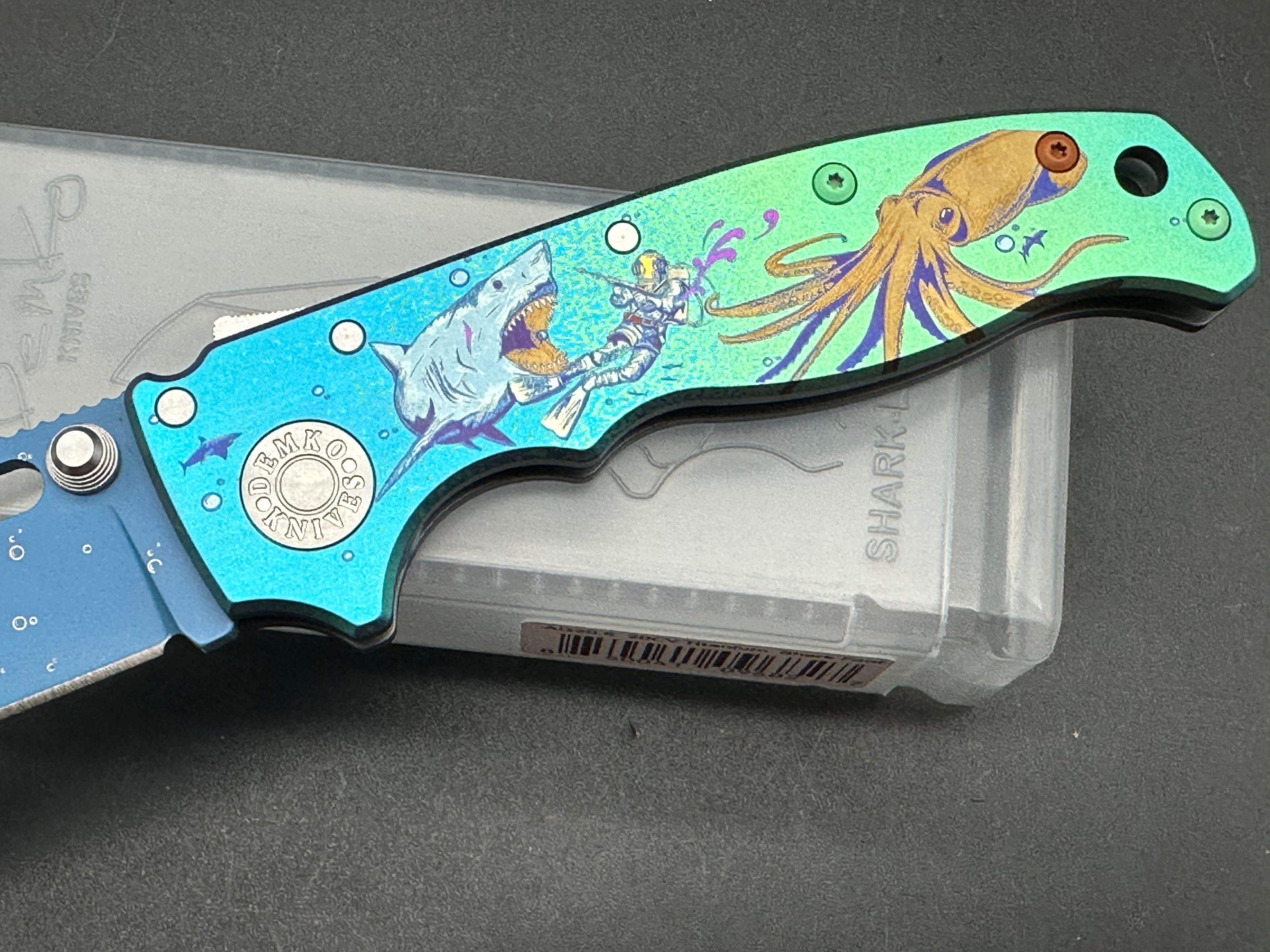 Demko AD20.5 Shark Lock Folding Knife - Custom Anodized Titanium Handle with Blue Cerakote Coating | EDC Pocket Knife for Outdoor Camping, Hiking & Everyday Carry