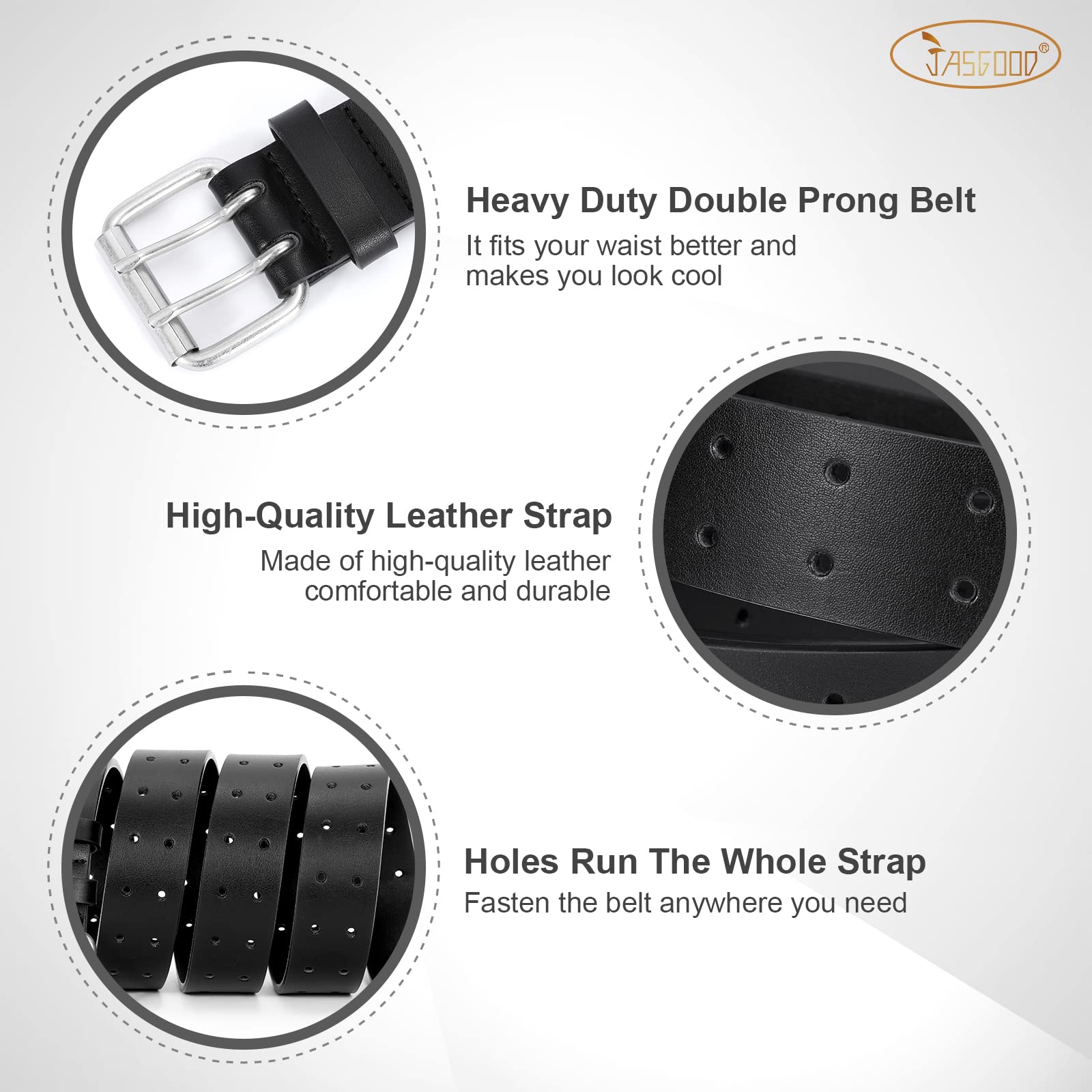 JASGOOL Men's Double Prong PU Leather Belt - Heavy Duty Casual Work Belt with Double Grommet Holes for Jeans | Perfect for Office, Business, and Everyday Wear