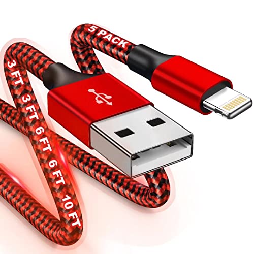 MFi Certified iPhone Charger Cable - 6ft Fast Charging Lightning Cable Compatible with iPhone 13/12/11/Pro/XS Max/XR/X/8 Plus & iPad - Durable USB Car Charger (Black/Red) - Perfect for Home, Office & Travel Charging