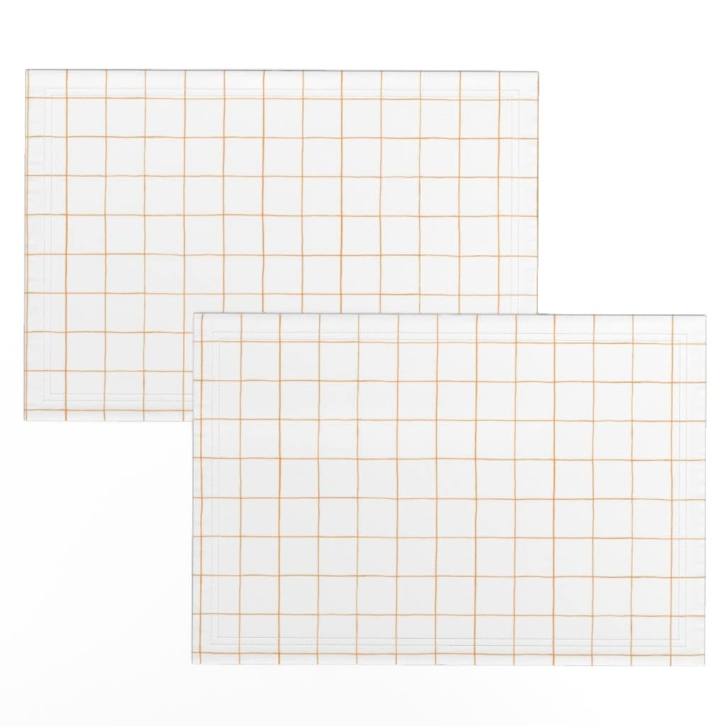 Premium Linen Cotton Canvas Placemats Set of 2 - Modern Geometric Grid Orange Brush Print Table Mats for Dining, Kitchen Decor & Holiday Entertaining